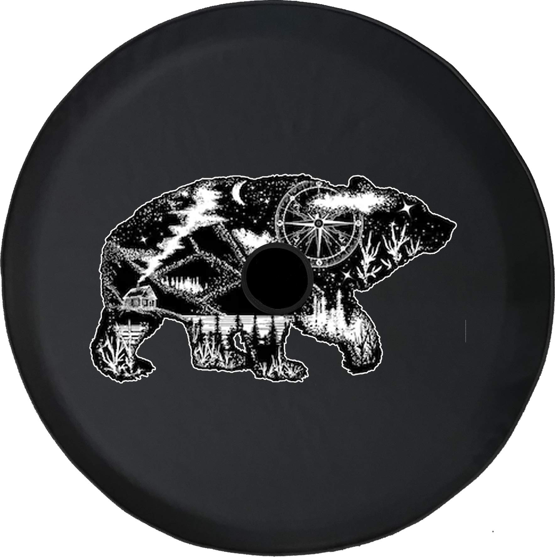 JL Series 32-inch Spare Tire Cover with Backup Camera Hole - Grizzly Bear Compass Night Sky Mountain Cabin Design - Durable Black Waterproof Truck Accessory for Off-Road Adventures & Camping Trips