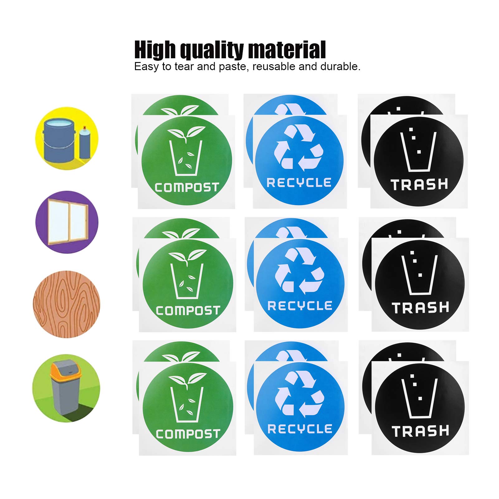 60Pcs Recycle Stickers for Trash Cans - Round Compost & Waste Sorting Labels - Waterproof Decals for Garbage Bins, Recycling Containers & Home/Office Use - Perfect for Kitchen, Bathroom & Outdoor Waste Management