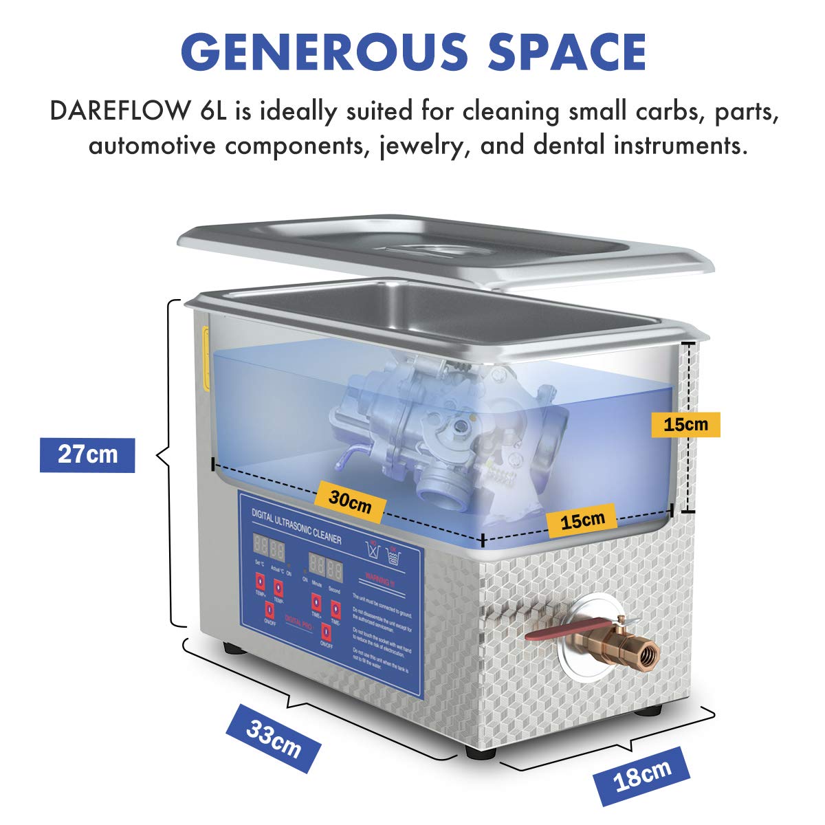 Professional 6L Ultrasonic Parts Cleaner with Heater & Timer - Efficient Carburetor, Injector, Jewelry, Brass & Gun Cleaning with Basket - Ideal for Automotive Repair, Jewelry Care & Firearm Maintenance - DAREFLOW