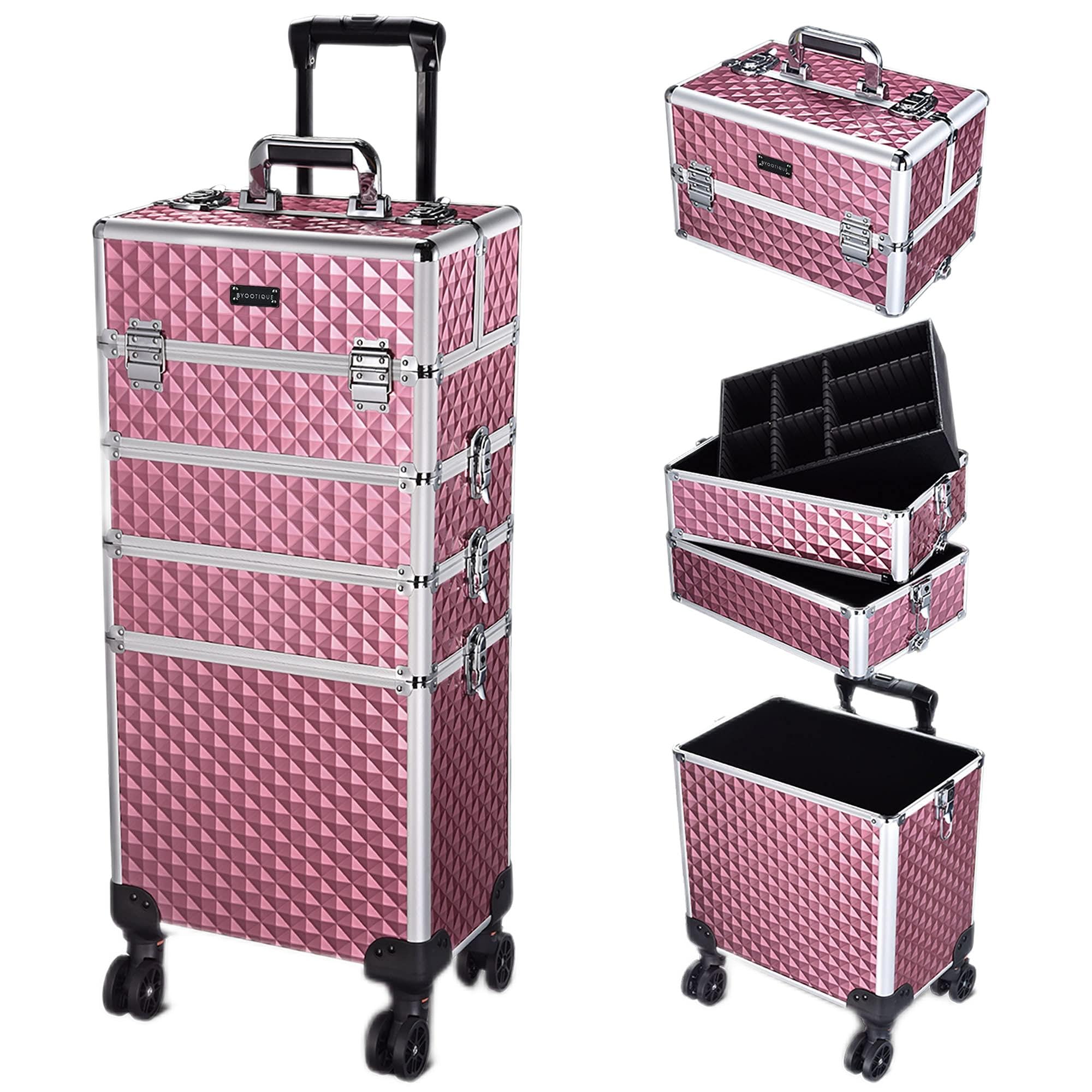 BYOOTIQUE 4-in-1 Rolling Makeup Train Case - Professional Cosmetic Organizer & Travel Makeup Trolley with Wheels (Antique Pink) | Perfect for Makeup Artists, Salon Professionals & Beauty Enthusiasts