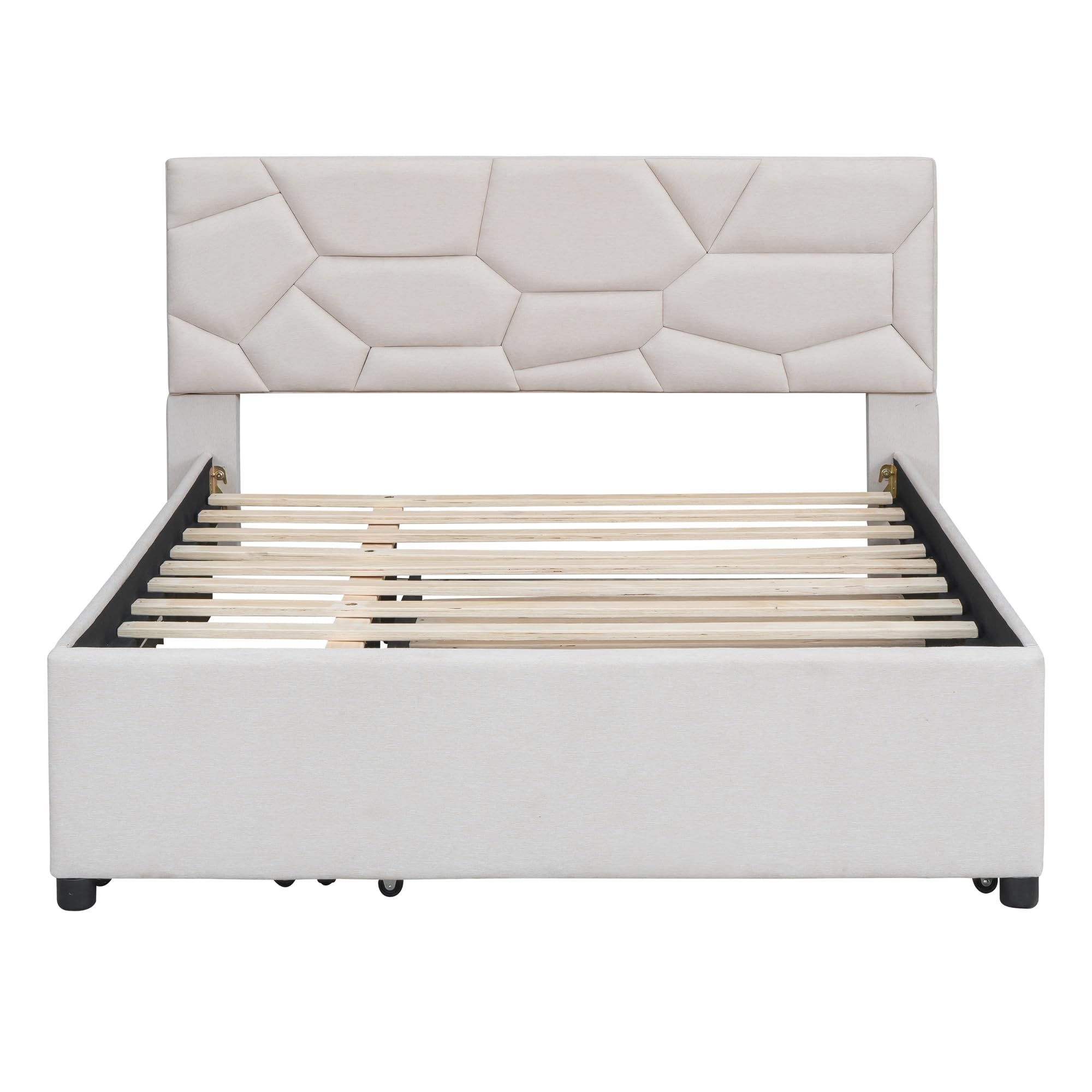 Full Size Linen Upholstered Platform Bed with Twin Trundle & 2 Drawers - Brick Pattern Headboard, Wooden Slats Support - Beige Bed Frame for Teens & Kids | Perfect for Small Bedrooms, Guest Rooms & Space-Saving Solutions
