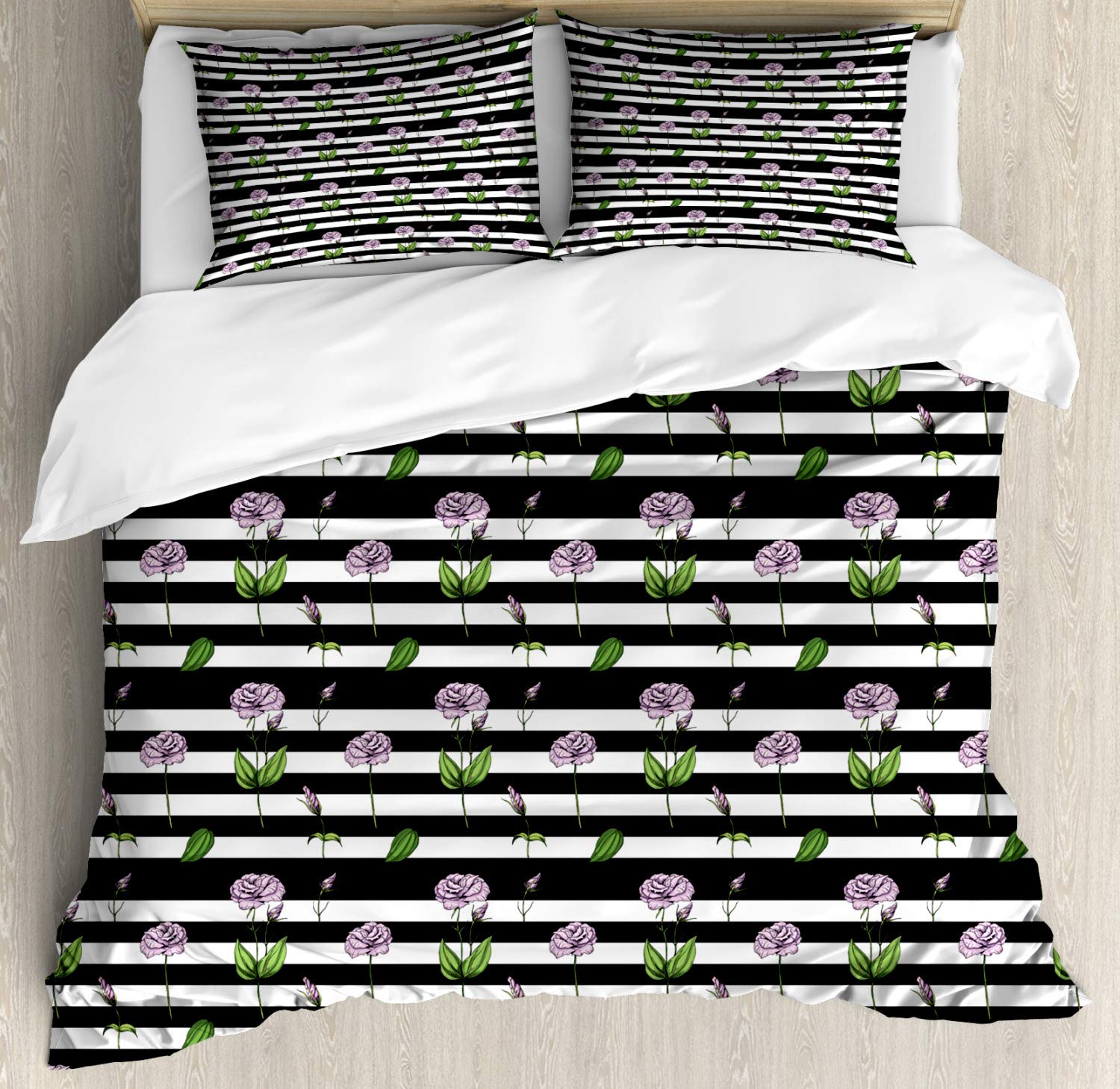 Ambesonne Rose Duvet Cover Set - Queen Size 3 Piece Bedding with 2 Pillow Shams | Pink Floral Print on Black & White Striped Background | Modern Home Decor for Bedroom, Guest Room & Airbnb Styling