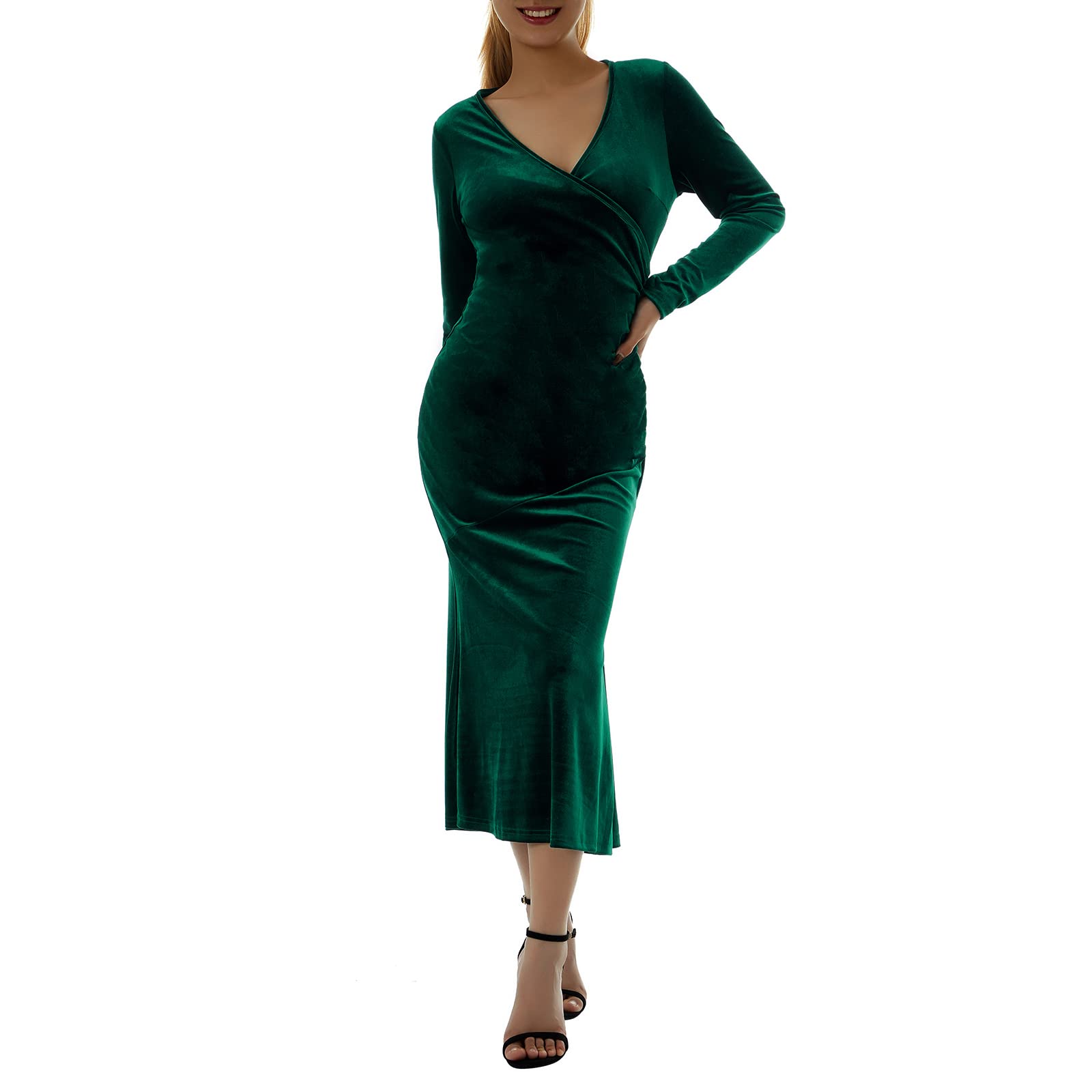 Elegant Women's Velvet Wrap Dress Long Sleeve Cocktail Maxi Dress for Wedding Guest, Evening Party, Formal Occasions | Plus Size Options Available | Perfect for Holiday Gatherings, Date Nights & Special Events