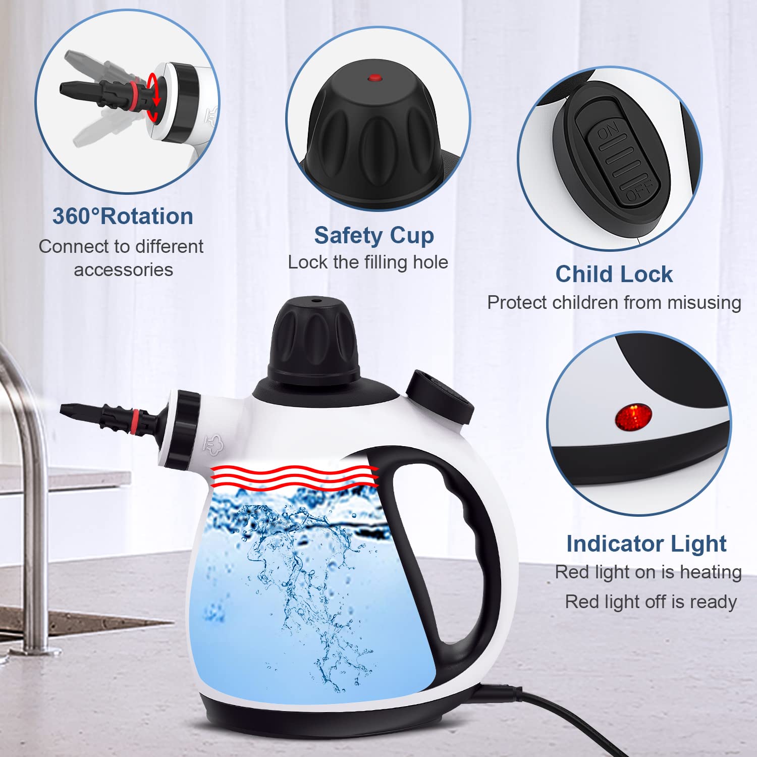 Portable Handheld Steam Cleaner for Home - 10-Piece Accessory Kit, Multipurpose Upholstery Steamer with Safety Lock for Grime & Grease Removal | Perfect for Couches, Carpets, Tiles & Kitchen Cleaning