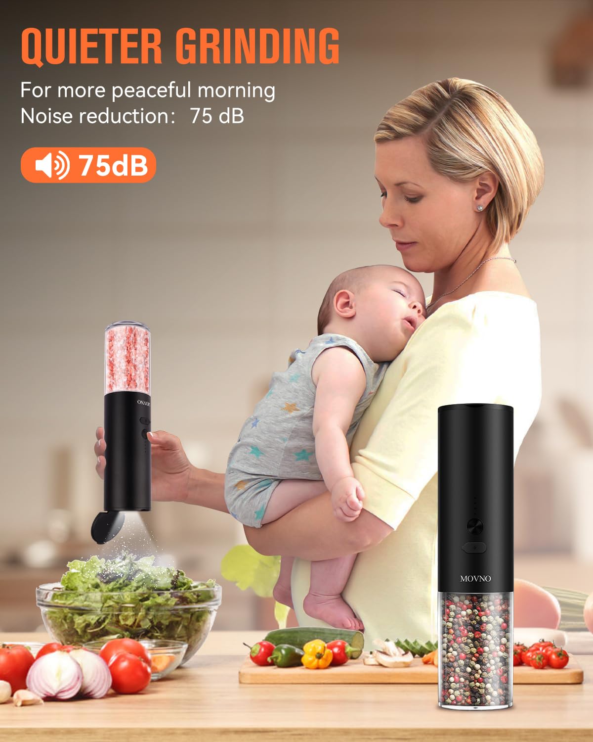 MOVNO Electric Salt and Pepper Grinder Set - USB Rechargeable, Adjustable Coarseness, LED Light, Large Capacity - Automatic Refillable Spice Mill for Kitchen, Dining & Cooking