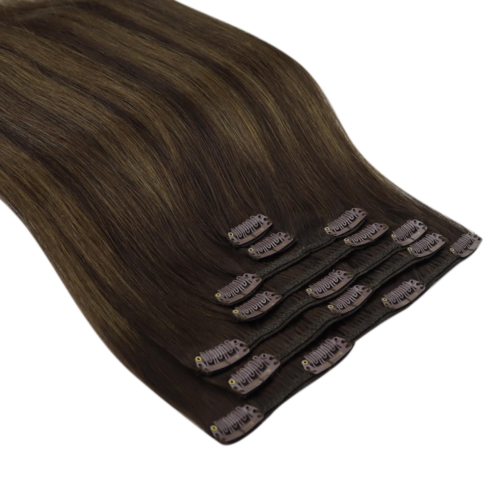 Ve Sunny 22 Inch Clip-in Human Hair Extensions - Balayage Brown Remy Hair Weft (120g, 7Pcs) for Volume & Length | Perfect for Daily Styling, Parties & Special Occasions