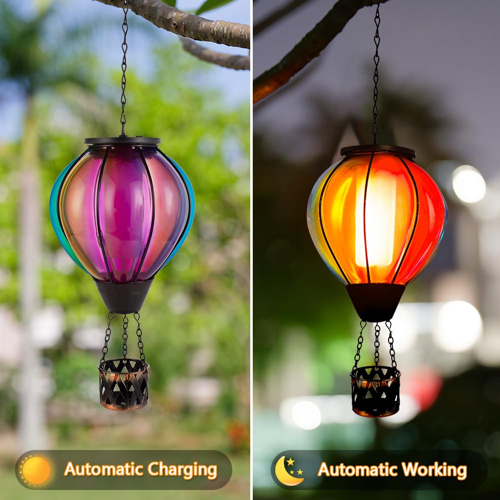 Vibrant Hot Air Balloon Solar Lantern - Waterproof Hanging Outdoor Solar Light with Realistic Flickering Flame Effect - Decorative Garden, Patio, Yard & Party Lighting - Perfect for Christmas Gifts, Weddings, Camping & Backyard Decorations