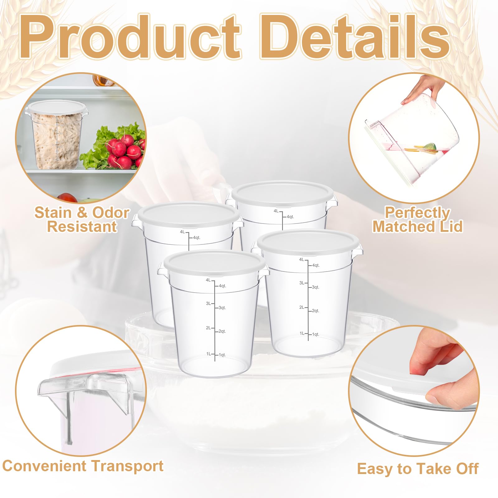 Suclain 4-Piece 4 Qt Clear Food Storage Containers with Lids - Airtight Dough Proofing Buckets for Bread Making, Commercial & Home Kitchen Use - Includes Measurement Scale & Handle - Perfect for Restaurants, Bakeries & Home Baking