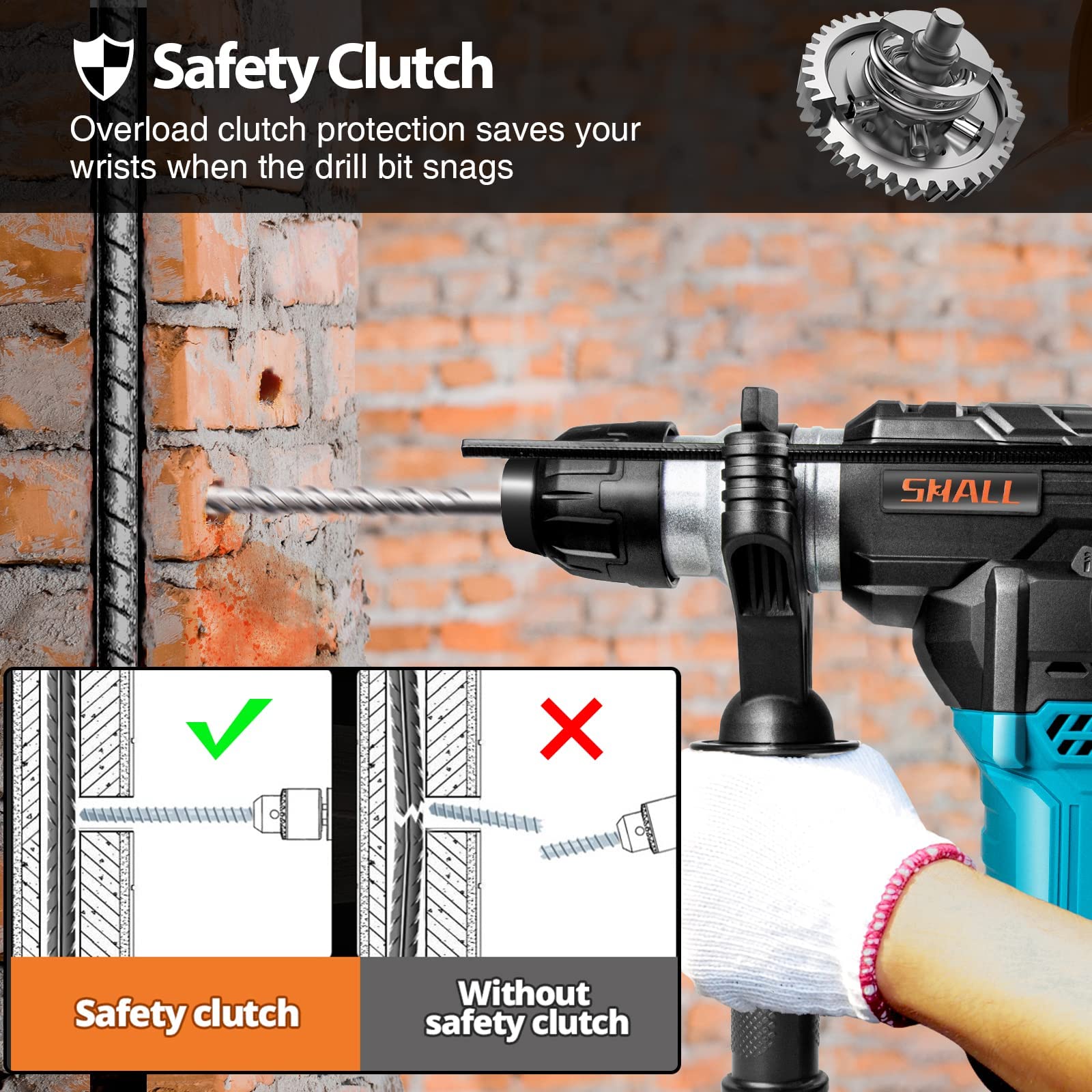 SHALL 1-1/4 Inch SDS Plus Rotary Hammer Drill - 1500W Heavy Duty Demolition Hammer with Speed Adjustment, 4 Functions & 3 Drill Bits - Includes Flat Chisel & Point Chisel (0-950 RPM) - Perfect for Concrete Drilling, Demolition Work & Masonry Projects