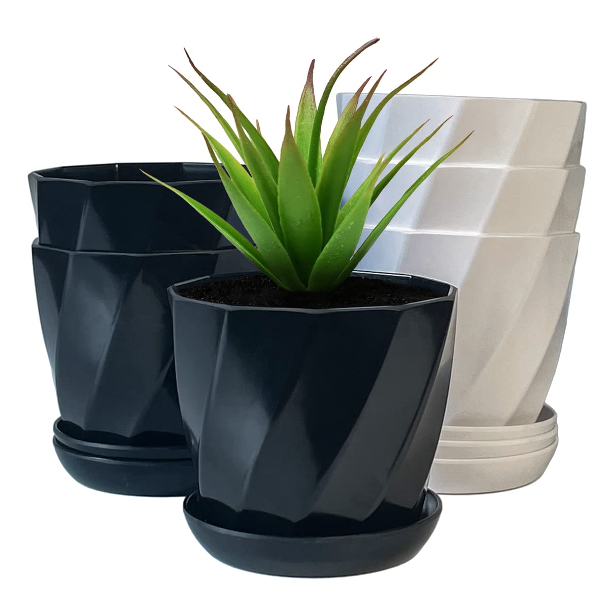Bozopion 6.5 Inch Melamine Flower Pots Set of 6 - White and Black Oblique Texture Planters with Drainage Holes & Saucers - Perfect for Indoor Plants, Succulents, Herbs and Home Garden Decor