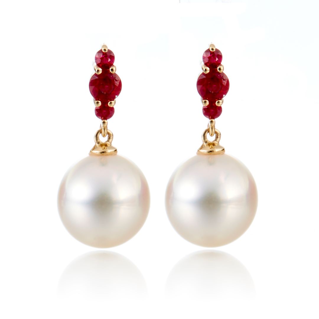 Exquisite White Akoya Pearl & Ruby Orion Earrings – Elegant Dangle Earrings for Women, Perfect for Weddings, Parties & Special Occasions