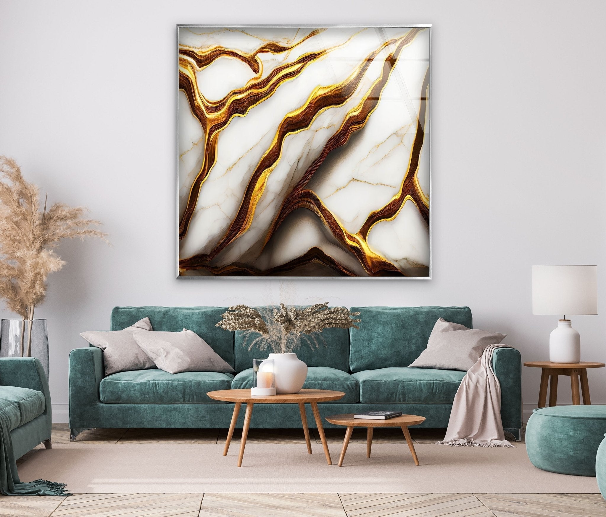 Abstract Golden Details Marble Glass Wall Art - Modern Home Decor for Living Room, Bedroom & Office | Elegant Handmade Glass Panel for Interior Design