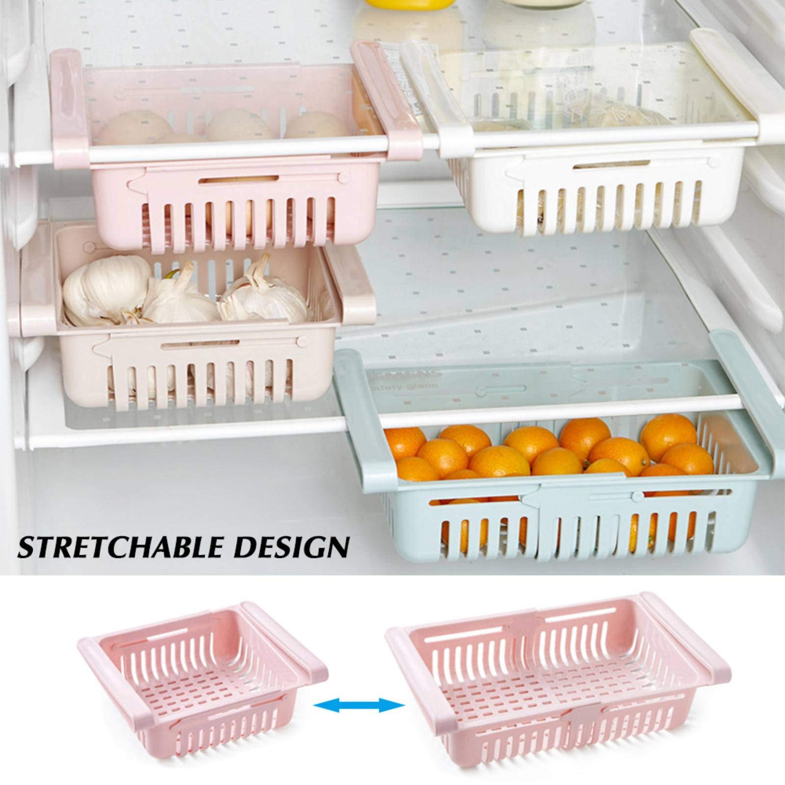 Adjustable Stretchable Refrigerator Organizer Drawer - Pull-Out Storage Basket for Fridge Organization - Fresh Food Spacer Layer Rack - Perfect for Fruits, Vegetables and Snacks Storage