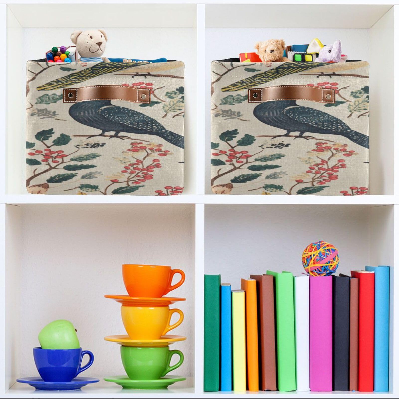 Large Fabric Storage Bins with Handles - Vintage Birds Collapsible Baskets for Clothes, Toys & Home Organization