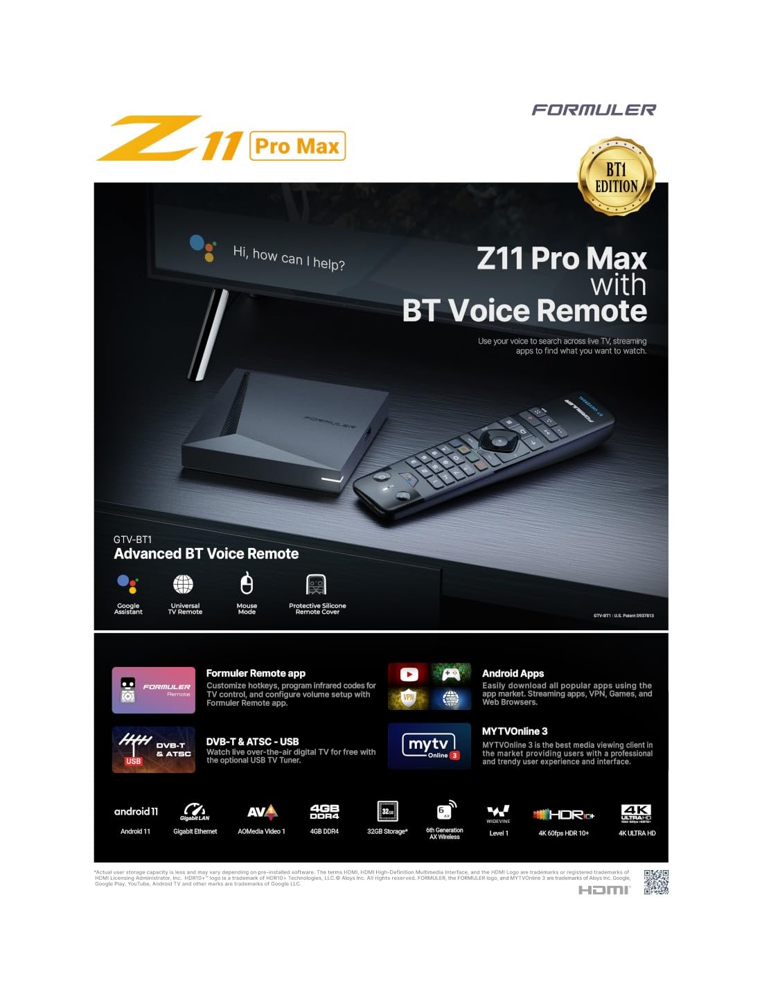 Formuler Z11 Pro Max BT1 2024 - 4K Ultra HD Android TV Box | Streaming Media Player for Netflix, Hulu, Prime Video | Fast WiFi & Bluetooth | Home Theater Entertainment System
