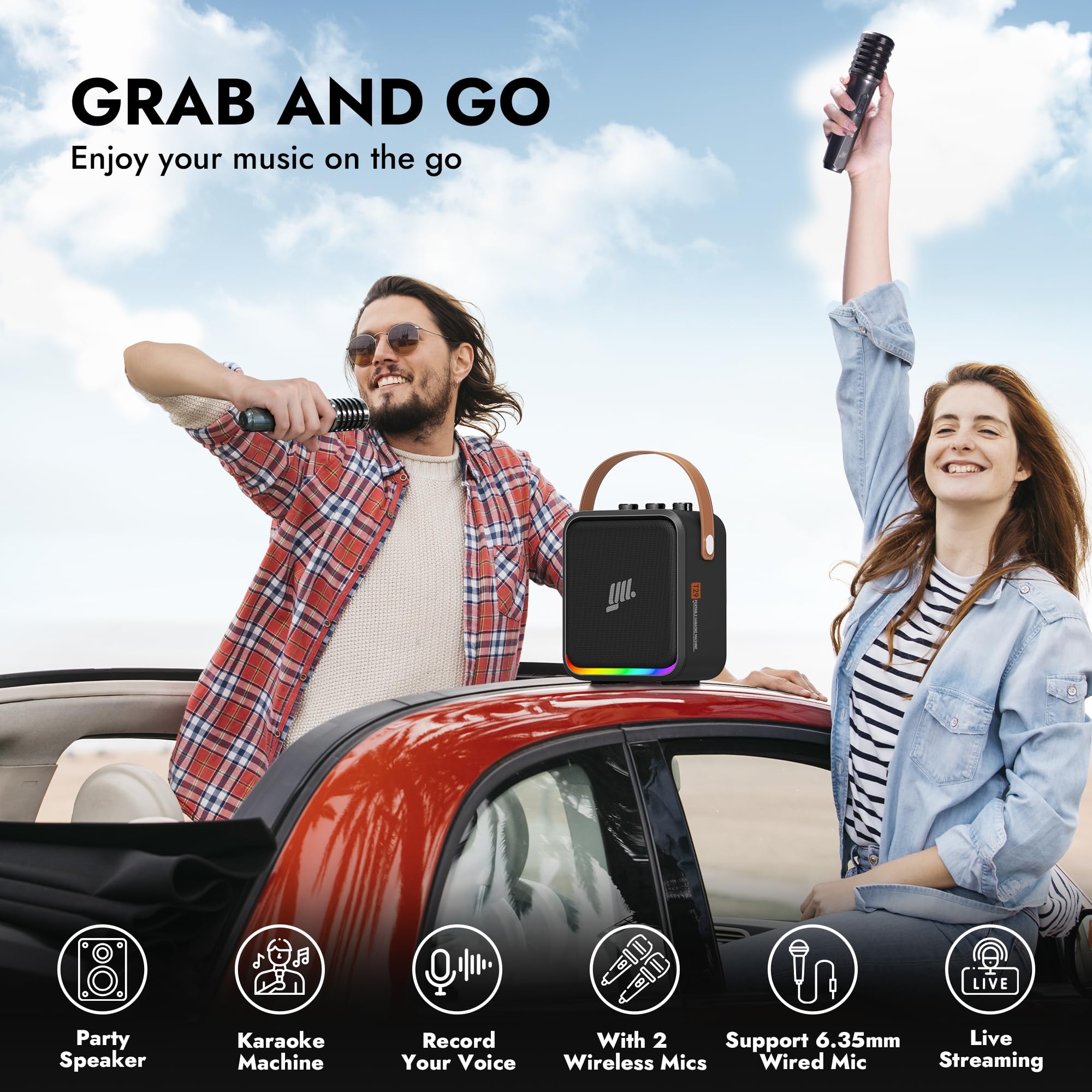 YLL Portable Bluetooth Karaoke Machine - 60W Powerful Wireless Speaker with 2 Microphones for Adults & Kids, Lightweight Karaoke System with Shoulder Strap - Perfect for Home Parties, Outdoor Gatherings & Family Singing Fun