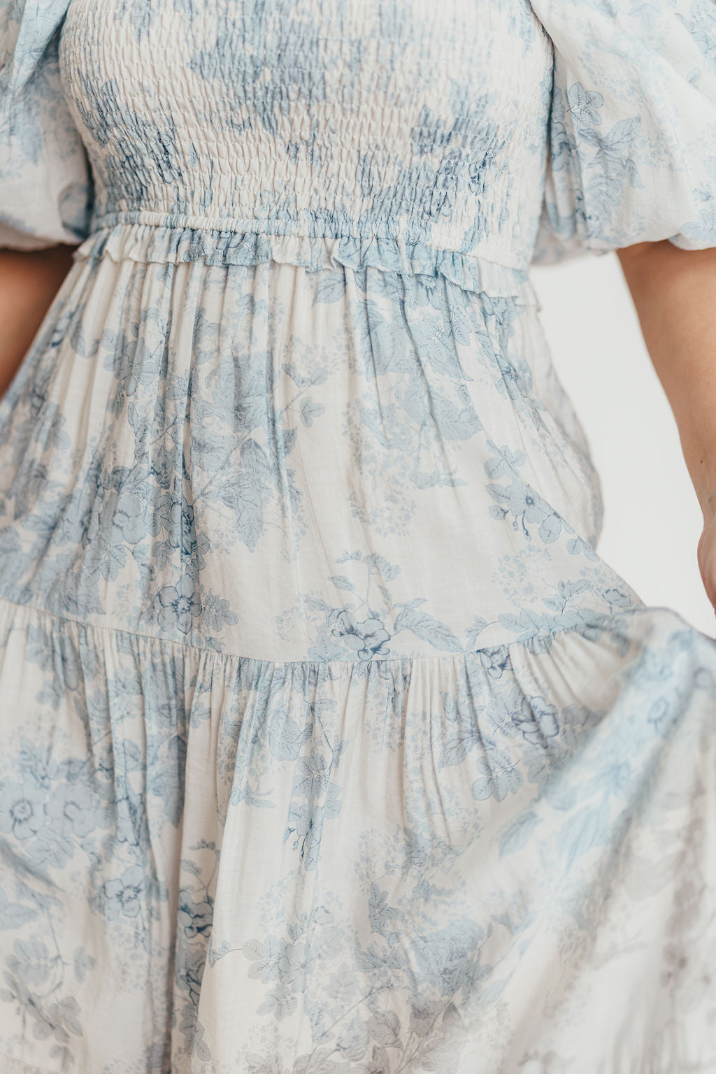 Elena Floral Print Smocked Midi Dress in Blue - Bump Friendly Maternity Dress & Inclusive Sizing for Women - Perfect for Baby Showers, Bridal Events & Summer Weddings