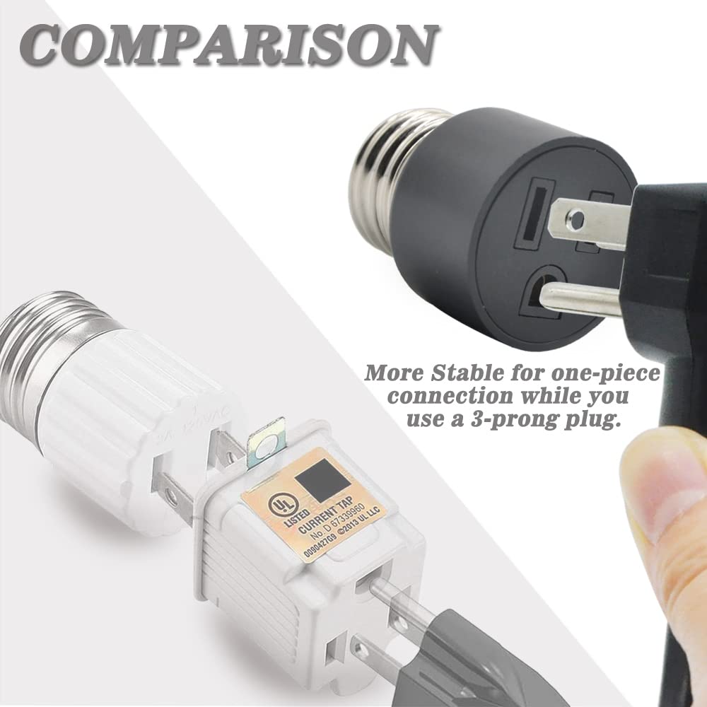 3 Prong Outlet Light Socket Adapter - E26 to Outlet Converter, Screw-in Light Bulb Socket Plug (Black) - Perfect for Porch Lights, Security Cameras, Garage Lighting & Holiday Light Strings