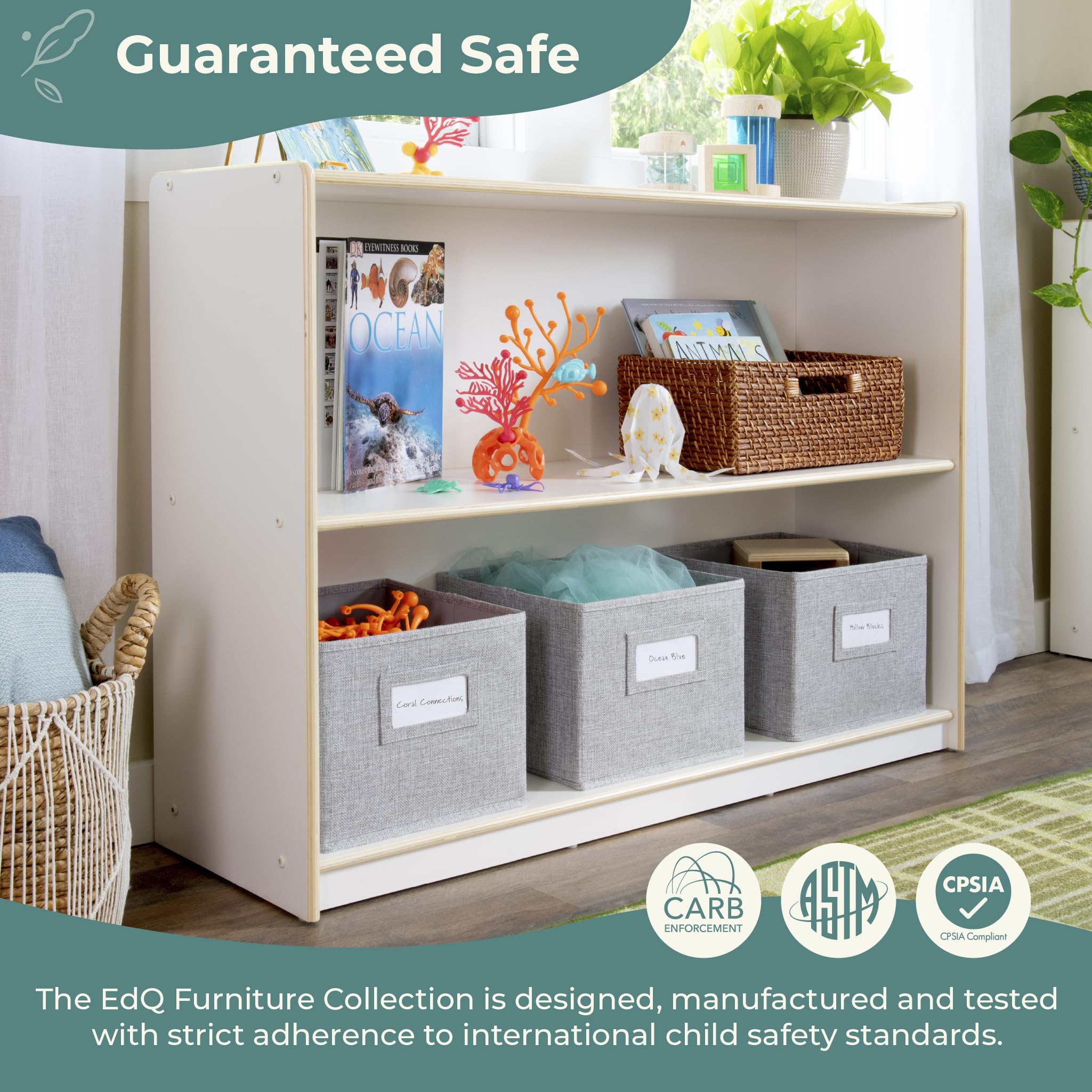Guidecraft EdQ Two Shelf Open Storage 30'' White with 3 Fabric Bins - Wooden Bookcase & Toy Organizer for Kids | Homeschool & Classroom Furniture | Perfect for Playroom, Bedroom & Learning Spaces
