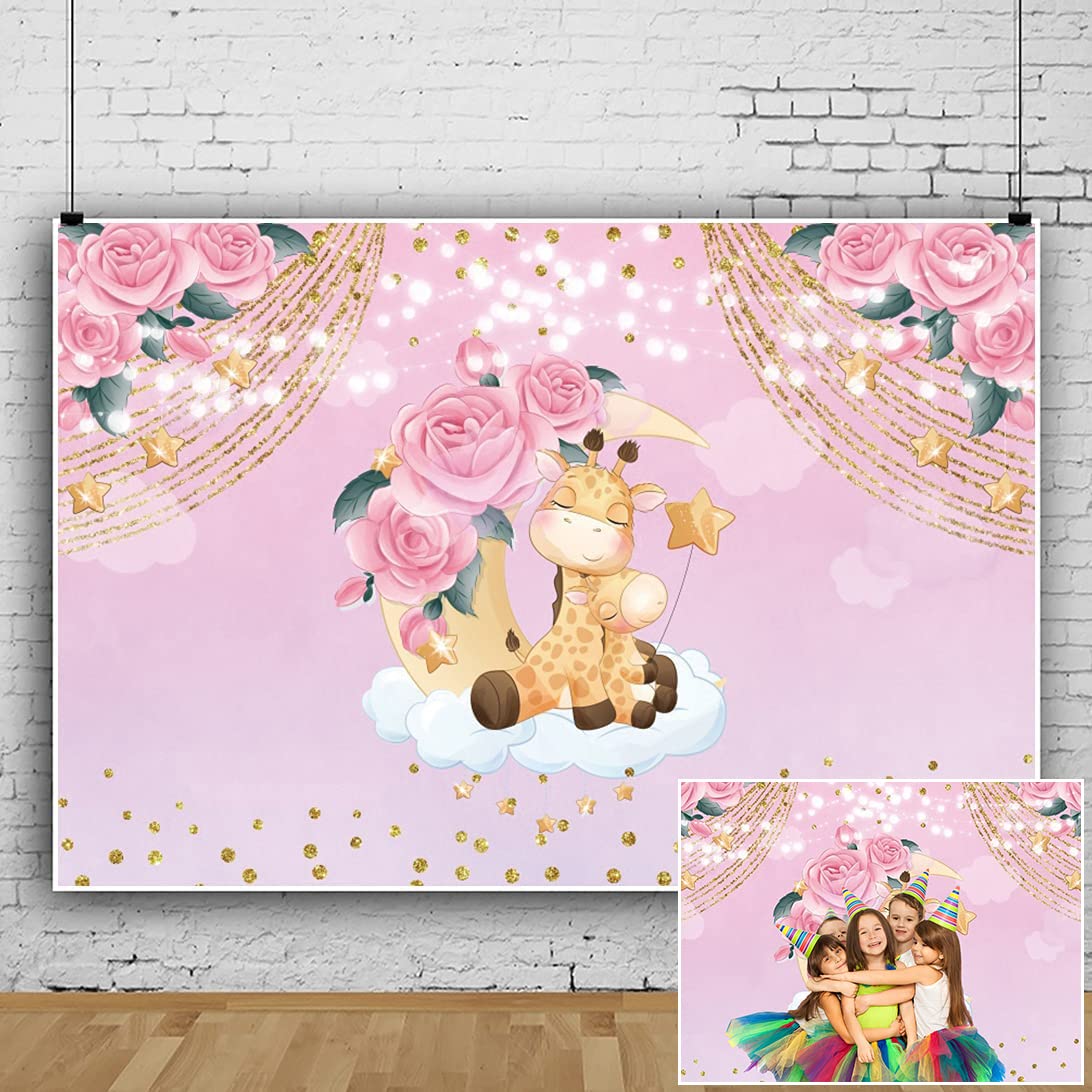 Leowefowa 2.2x1.5m Pink Floral Giraffe Moon Stars Baby Shower Backdrop - 1st Birthday Photography Background for Newborn Cake Smash, Kids Photo Shoot & Party Decor | Perfect for Baby Showers, Birthday Parties & Studio Props