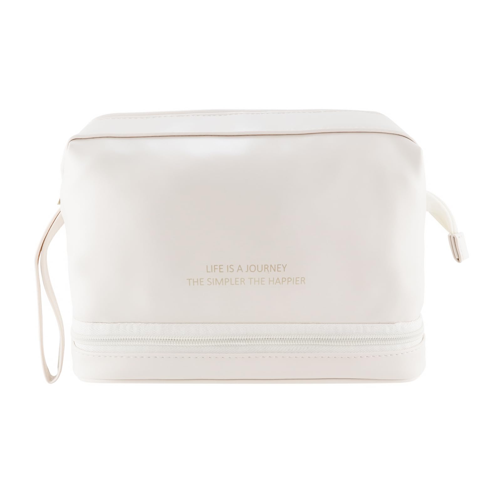 Waterproof Travel Makeup Bag for Women - Large Capacity Double Layer Cosmetic Organizer with Brush Holder, PU Leather Toiletry Bag (White) - Perfect for Travel, Gym & Daily Makeup Storage