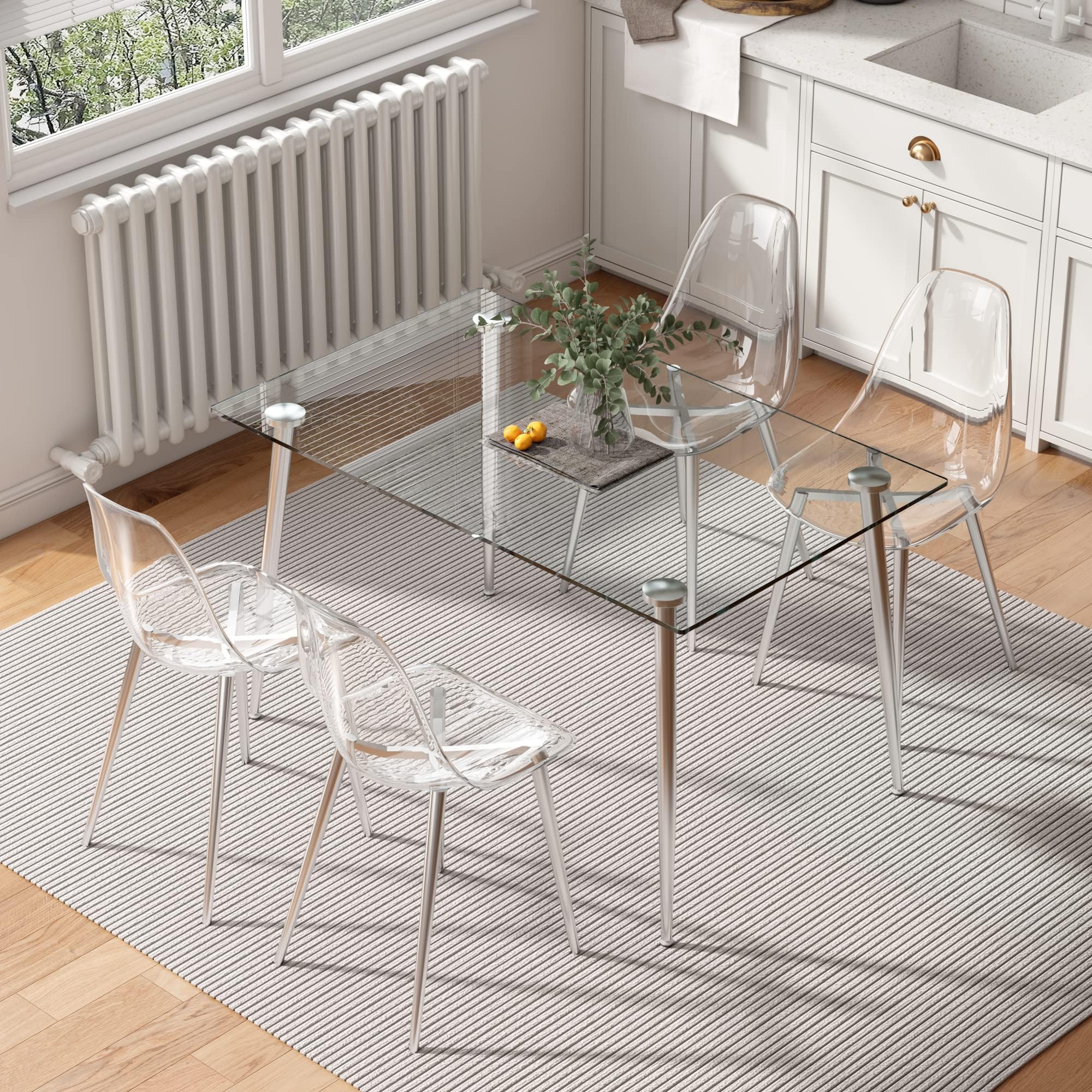 Baysitone 4-Piece Clear Acrylic Dining Chairs Set - Modern Transparent Kitchen Chairs with Sturdy Metal Legs - Silver Finish for Dining Room, Kitchen & Living Room - Perfect for Small Spaces, Minimalist Decor & Contemporary Home Settings