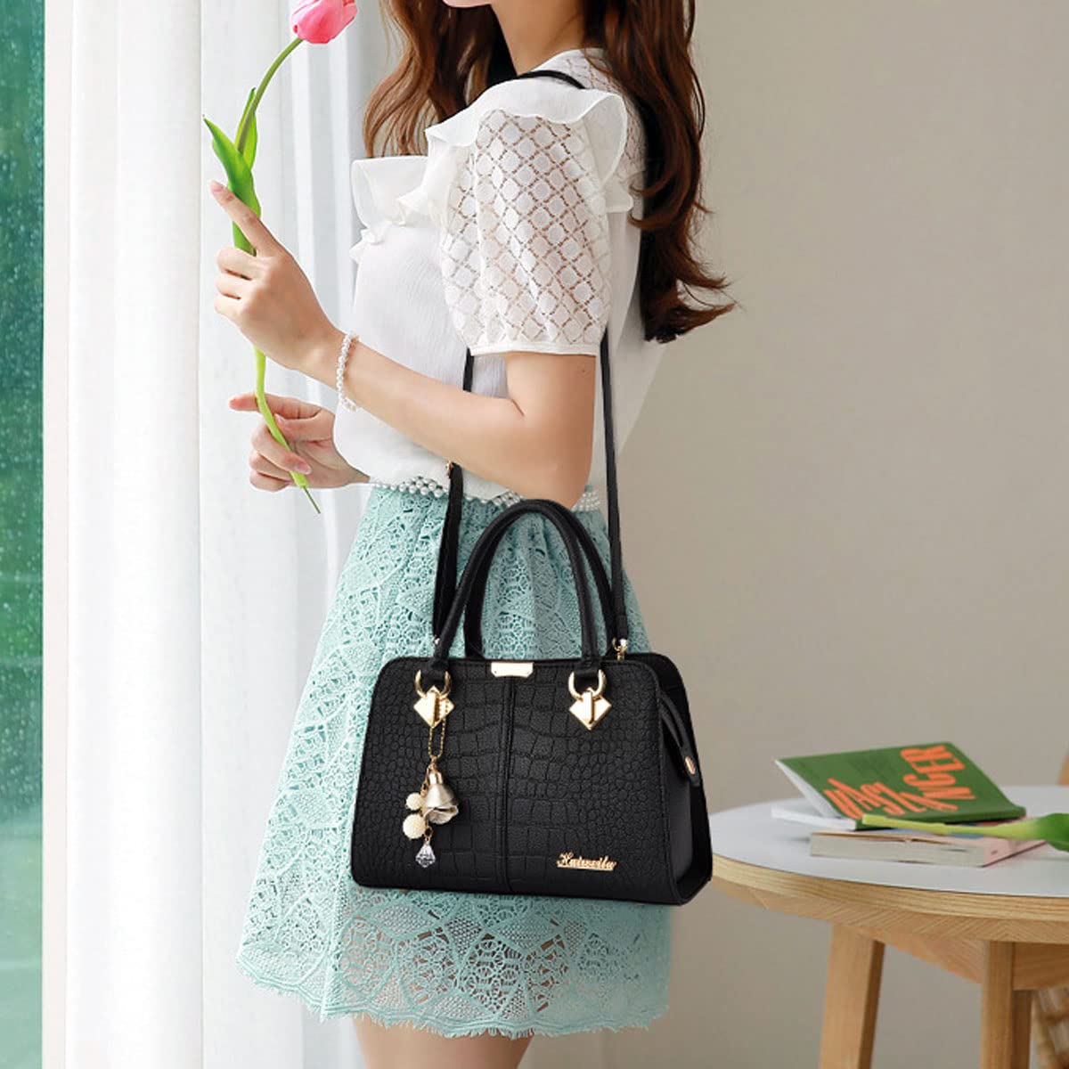 Stylish Women's PU Leather Handbag - Elegant Top Handle Satchel with Detachable Pendant, Versatile Shoulder & Crossbody Tote for Work, Travel & Daily Use