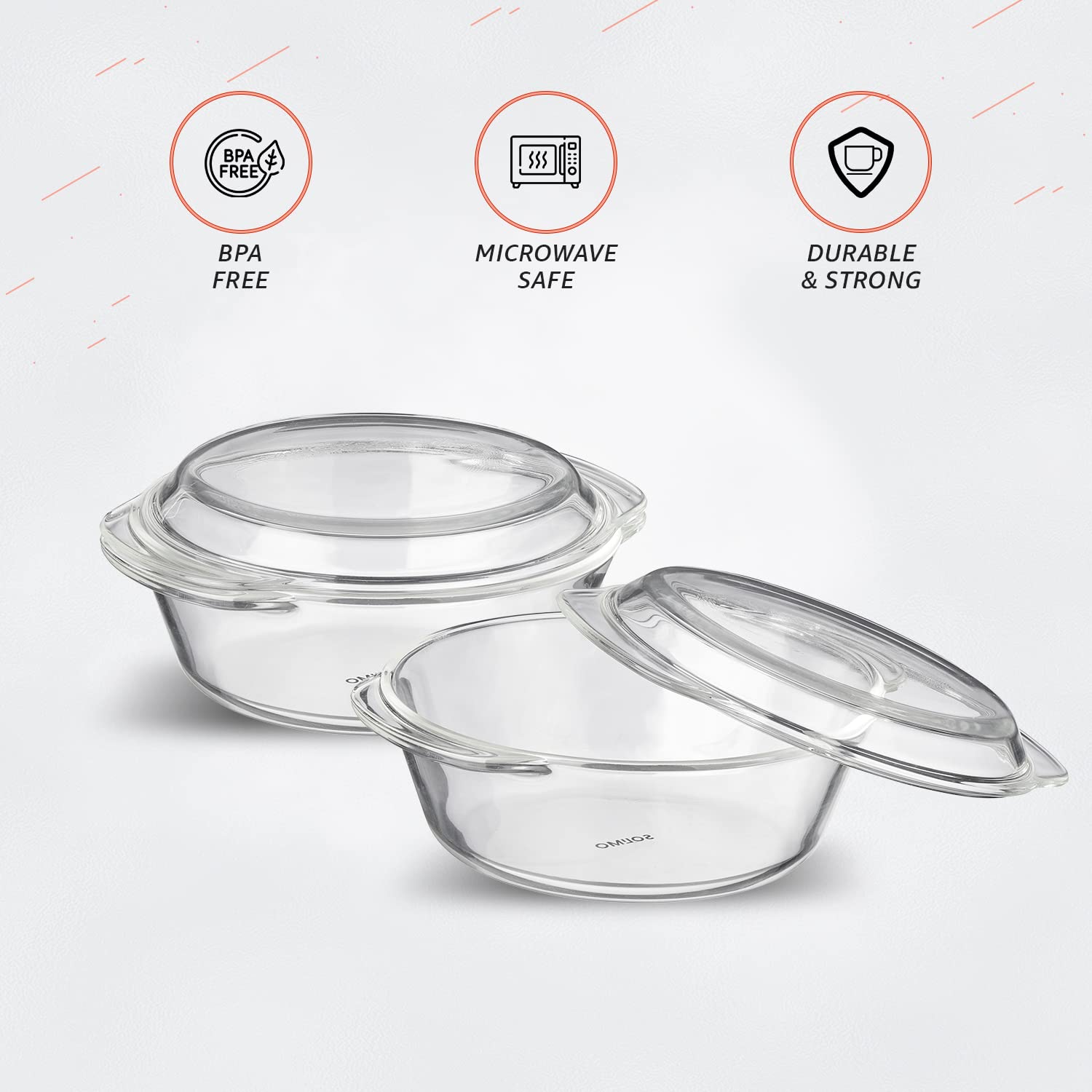 Solimo Borosilicate Glass Casserole & Serving Bowl Set with Lid - 2-Piece (1000ml & 1500ml) Oven & Microwave Safe - Perfect for Baking, Roasting, Meal Prep & Entertaining