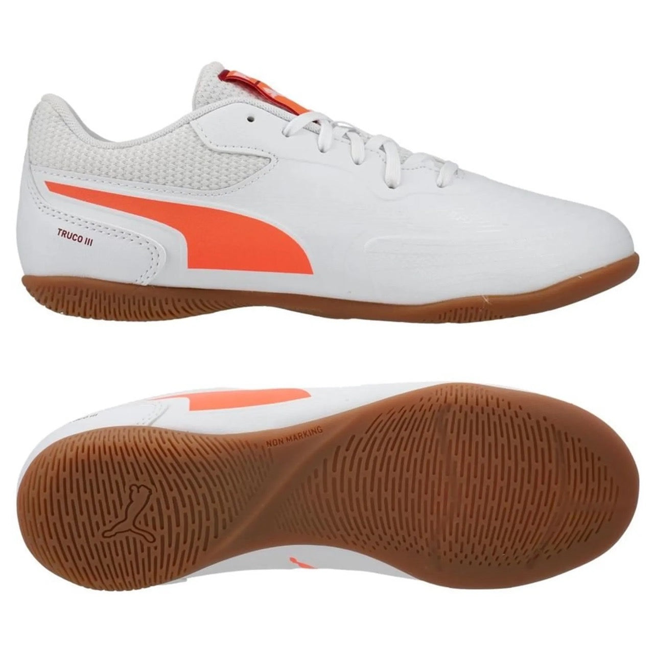 Puma Truco III Junior Indoor Soccer Shoes for Kids - White/Glowing Red/Dark Crimson | Lightweight Football Cleats for Indoor Training & Games