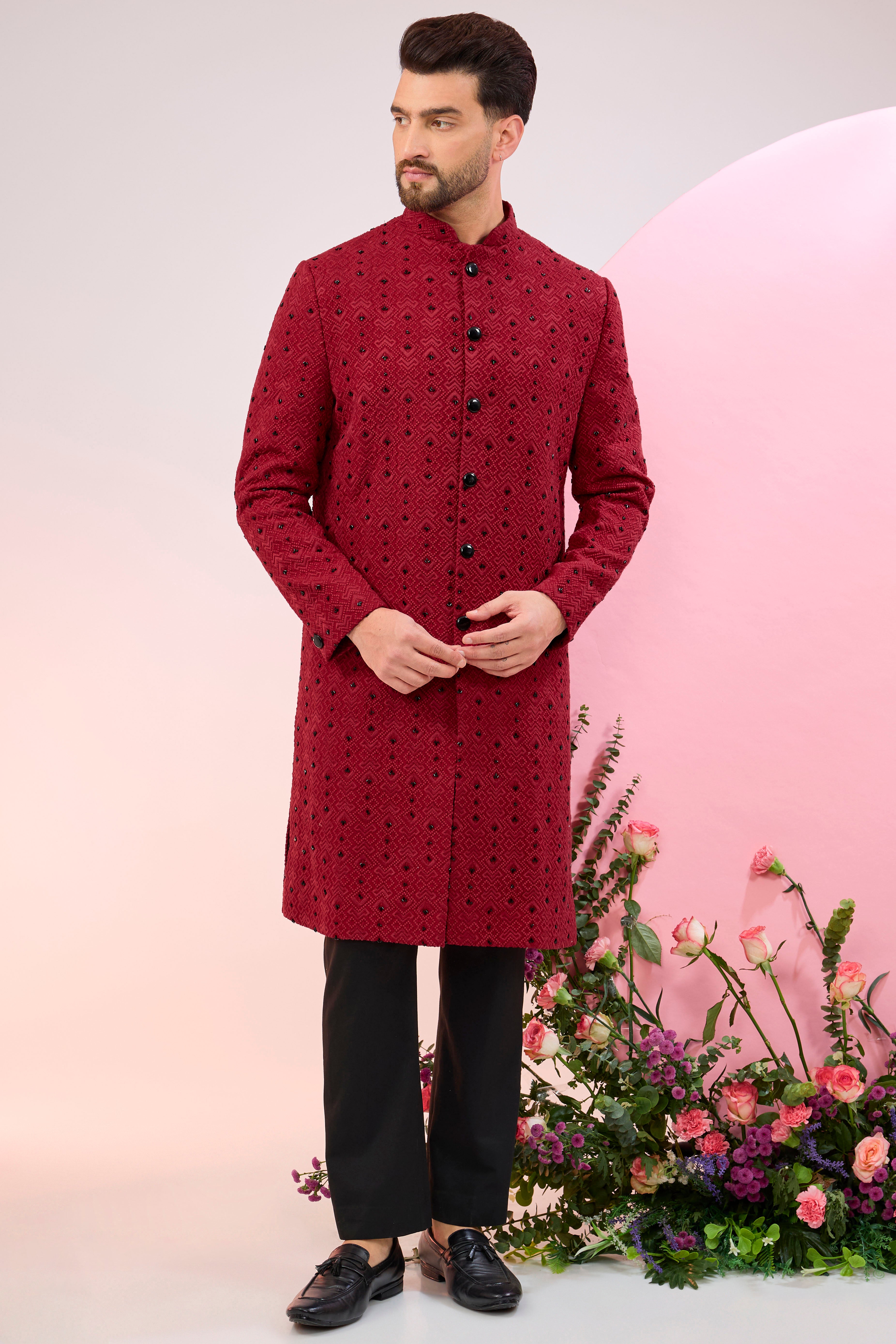 Elegant Red Geometric Embroidered Sherwani with Black Cutdana - Traditional Indian Wedding Attire for Grooms & Special Occasions