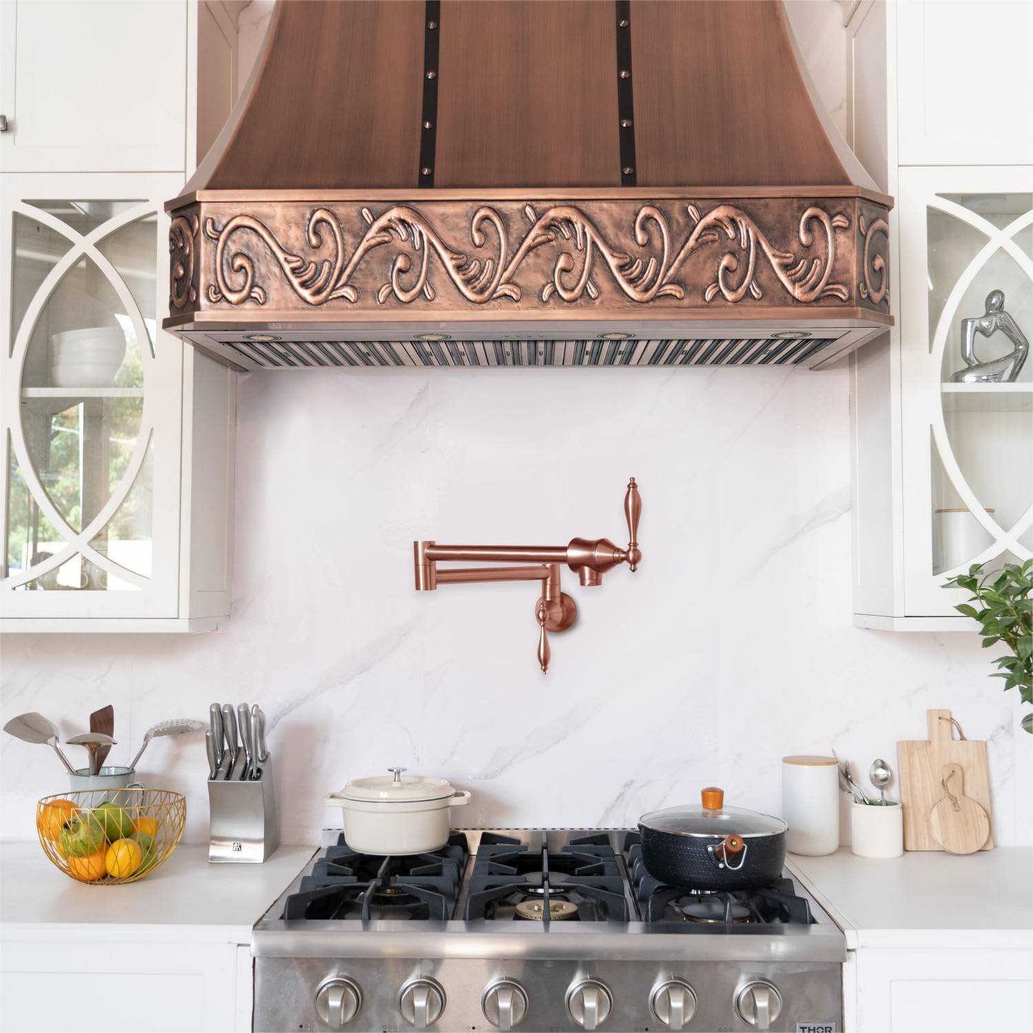 SINDA Wall Mount Pot Filler Kitchen Faucet - Solid Brass Swing Arm Folding Faucet with Double Joint & Two Handles, Brushed Copper Finish - Perfect for Filling Large Pots & Pans in Commercial Kitchens & Home Cooking Stations