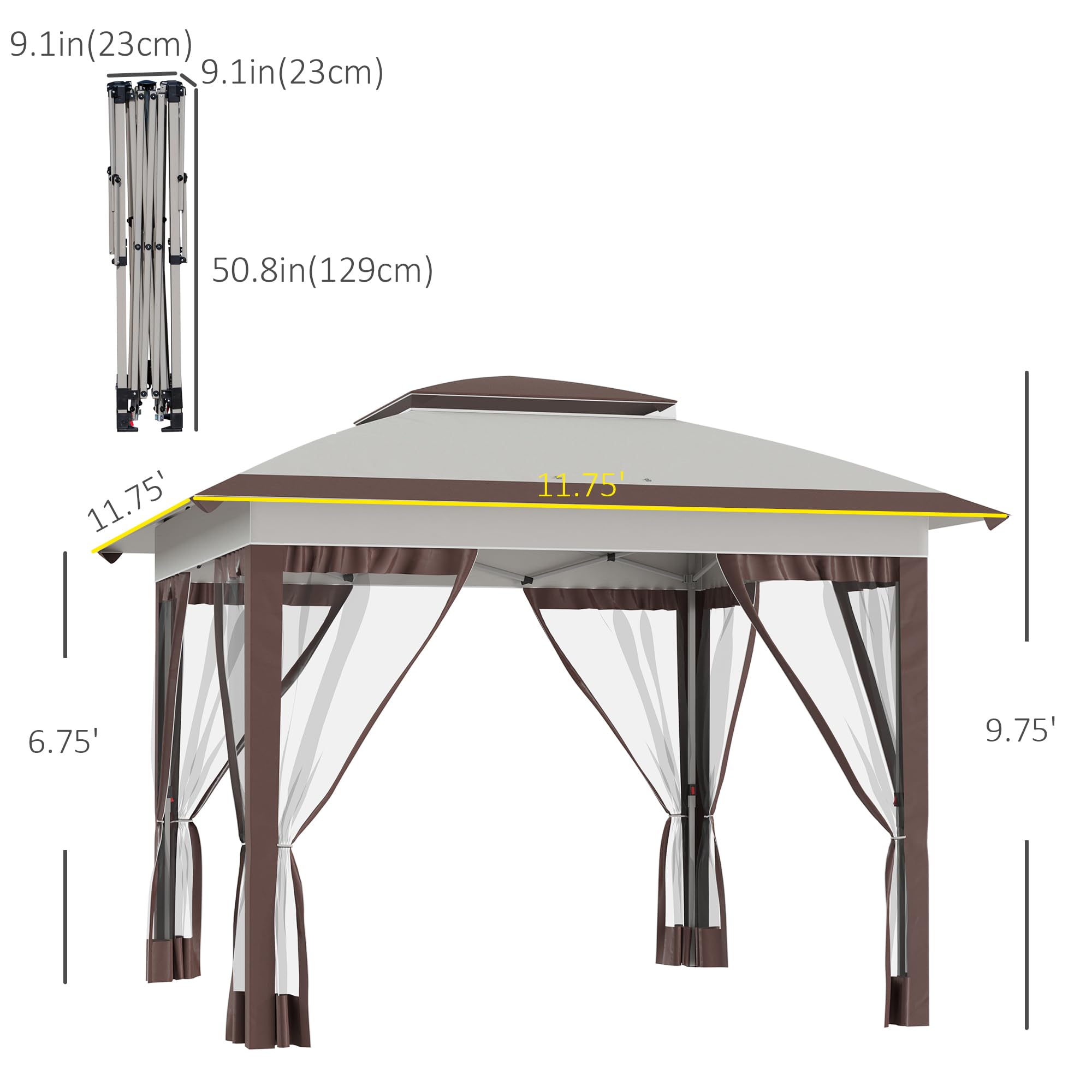 Outsunny 12' x 12' Pop Up Canopy Tent with Netting & Carry Bag - Instant Sun Shelter with 137 sq.ft Shade, Adjustable Height for Outdoor Events, Parties, Camping, Beach, Garden & Patio Use (Beige/Brown)