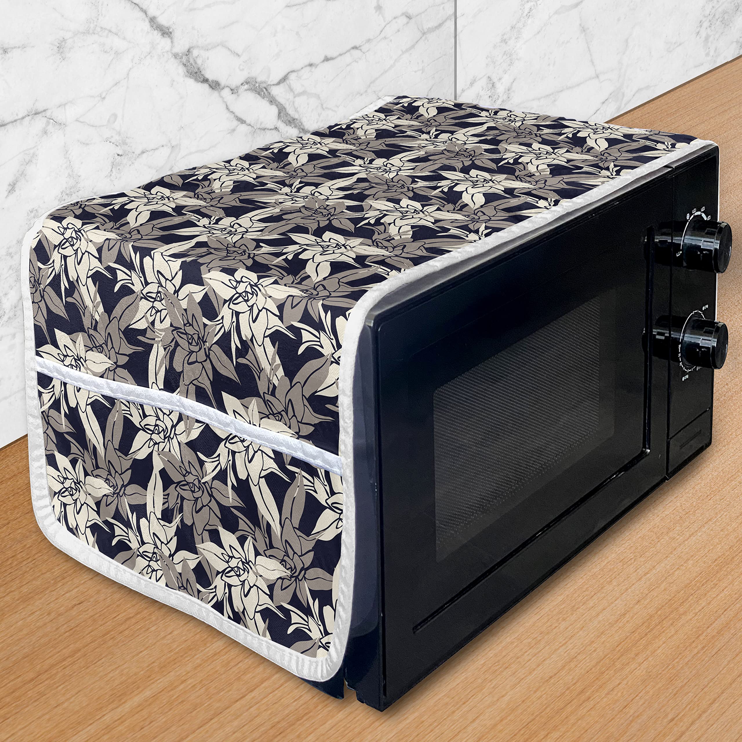 Ambesonne Floral Microwave Cover - Retro Style Waterproof Kitchen Organizer with Pockets, 36x12 Inch, Dark Blue Grey & Multicolor - Perfect for Protecting Appliances & Adding Vintage Charm to Your Kitchen