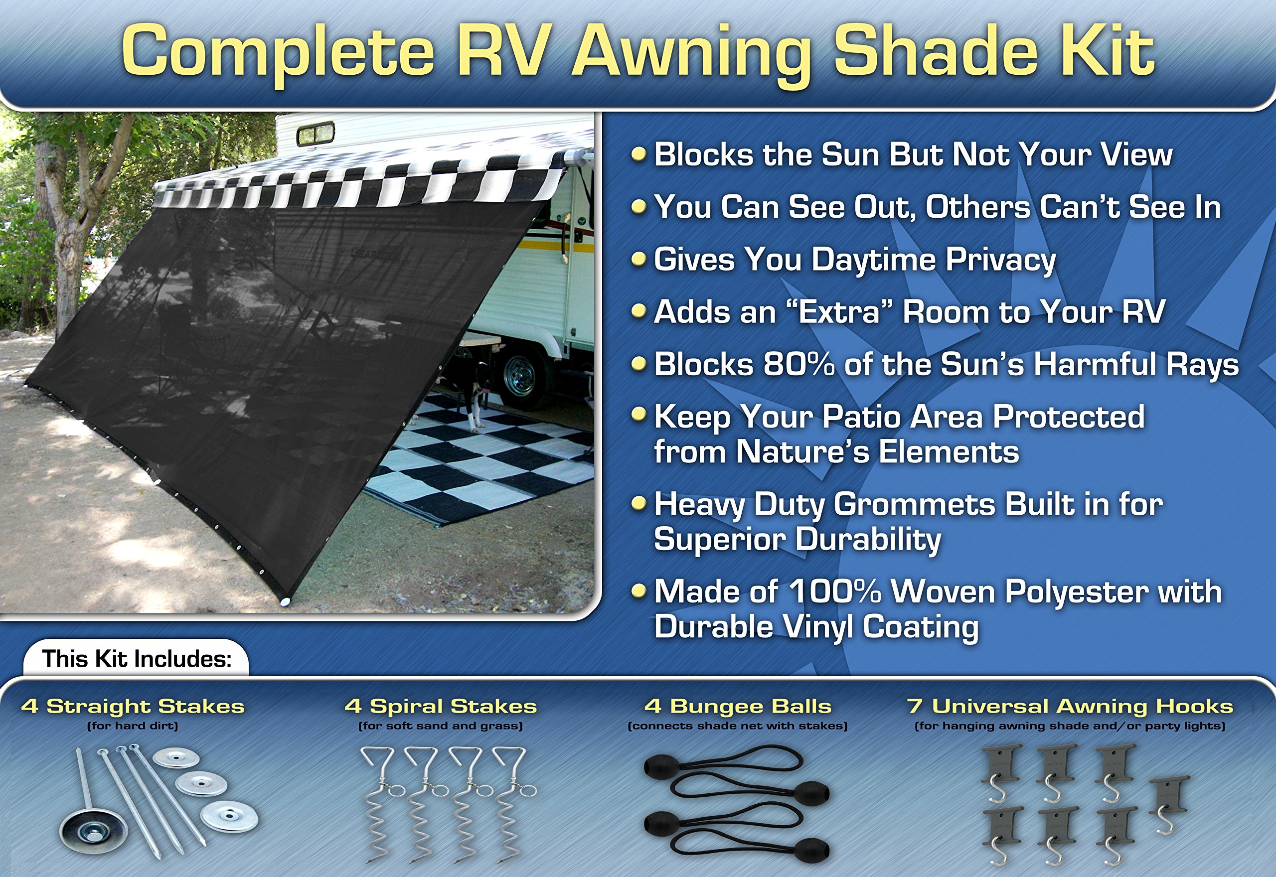 RV Awning Shade Kit 10x15 FT - Black Motorhome Awning Screen for Campers & Trailers - UV Protection & Privacy for Outdoor Camping & RV Trips
