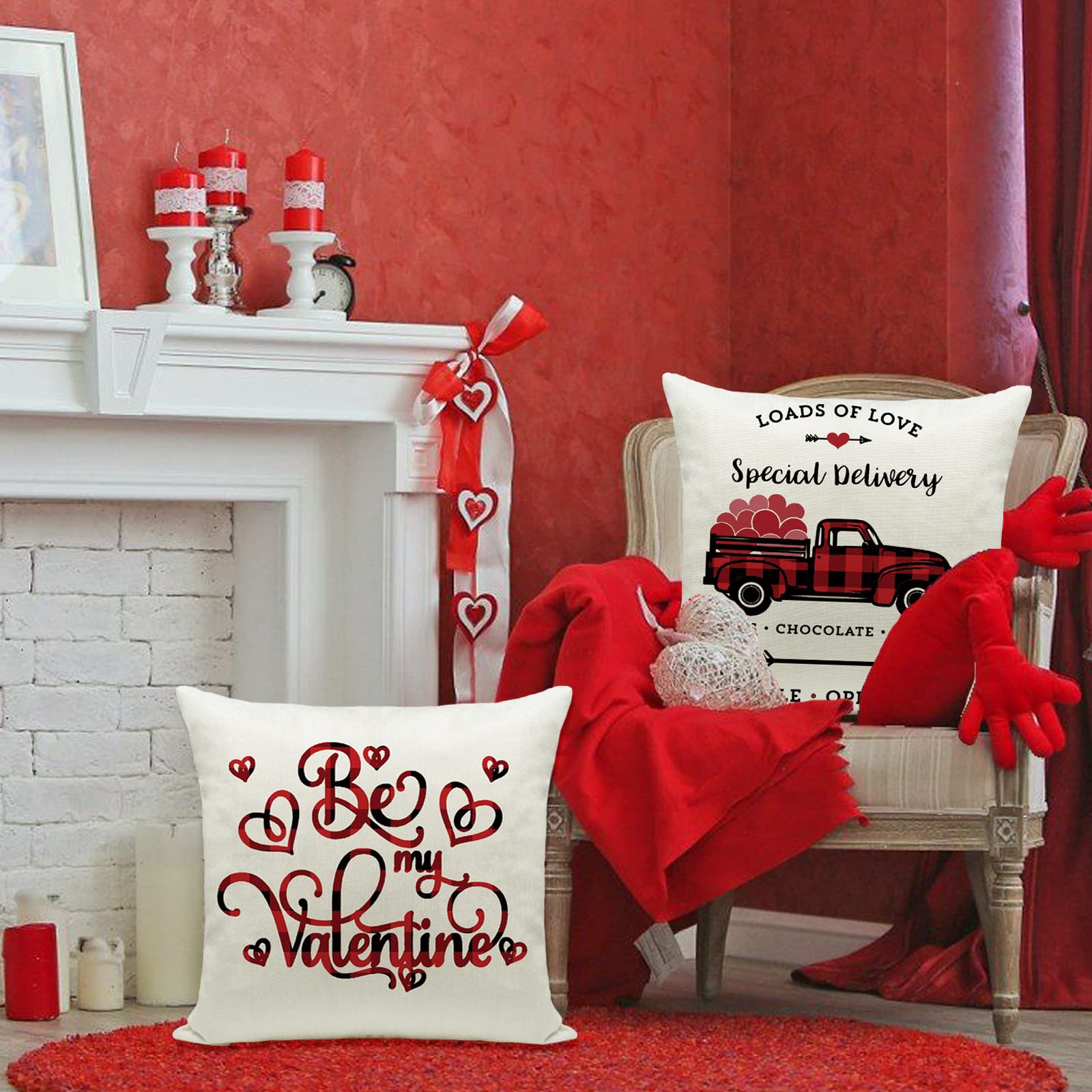 Ueerdand Valentine's Day Pillow Covers 20x20 Inch Set of 4 - Red Truck, Heart Tree & Love Themed Throw Pillow Cases for Home Decor | Perfect for Couples Gifts, Living Room Sofa & Bedroom Decoration
