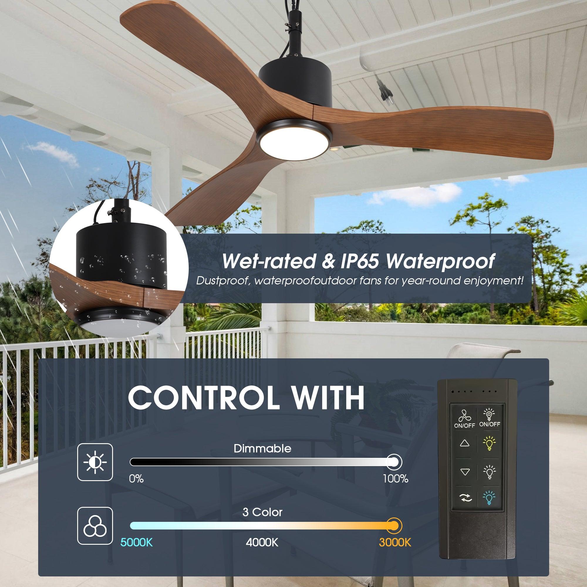 42 Inch IP65 Rated Outdoor Ceiling Fan with LED Light - Modern Black Design, Dniester DC Motor, Hanging Buckle & Downrod - Perfect for Patio, Deck, Pergola and Outdoor Living Spaces