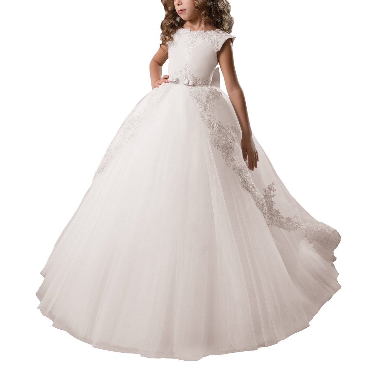 ABAO SISTER Elegant Flower Girl Dress - Long Lace Pageant Gown with Puffy Tulle Skirt for Weddings, Parties & Special Occasions