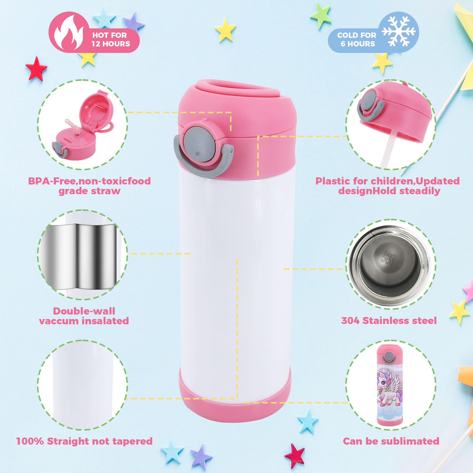 24-Pack Mixed Color 12oz Sublimation Tumblers - Stainless Steel Kids Sippy Cups with Straw & Spill-Proof Lid - Blank Insulated Water Bottles for School, Toddlers & Outdoor Activities