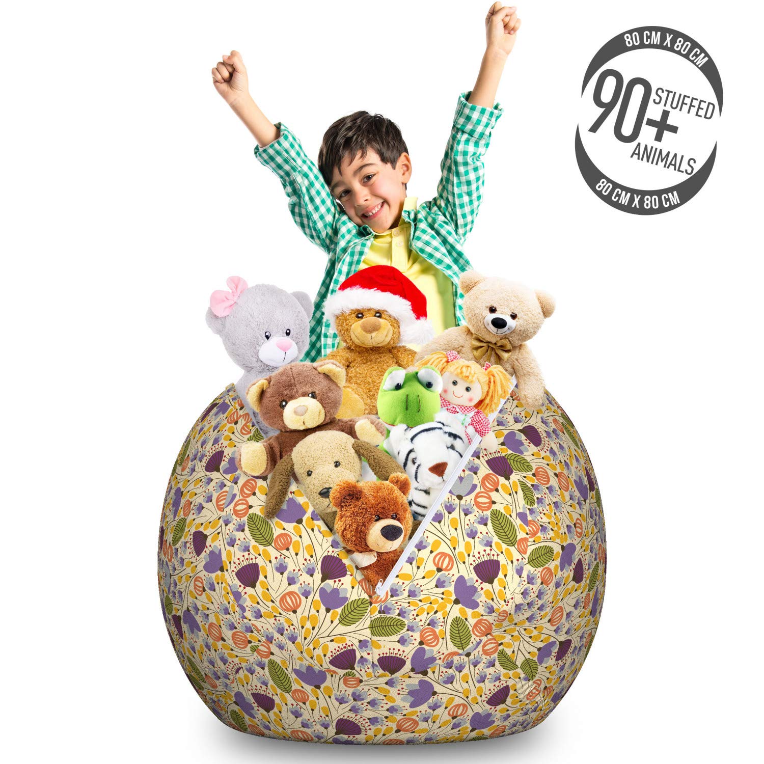 Ambesonne Large Multicolor Storage Toy Bag Chair - Retro Floral Doodle Design, Washable Stuffed Animal Organizer | Perfect for Kids' Room, Playroom & Nursery Organization