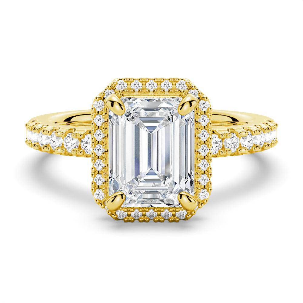 Emerald Cut Halo Moissanite Engagement Ring Set with Matching Wedding Band - Perfect for Proposals, Anniversaries & Bridal Jewelry