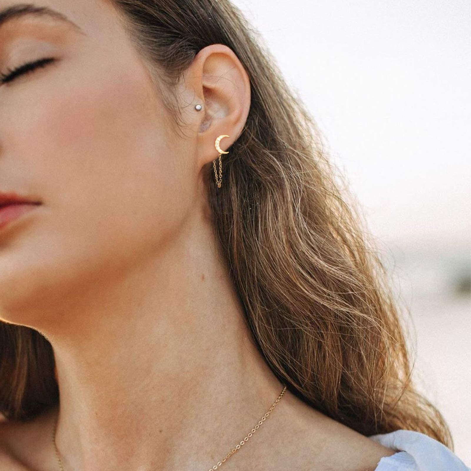 14K Gold Plated Dainty Cubic Zirconia Chain Stud Earrings for Women - Hypoallergenic Small Dangle Earrings with Elegant Chain - Perfect Gift for Birthday, Anniversary & Everyday Wear