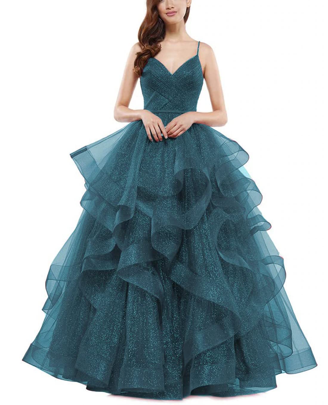 Sparkly Women's Glitter Ruffled Tulle Prom Dress 2022 - Long Spaghetti Straps Ball Gown for Homecoming, Evening Party & Formal Events