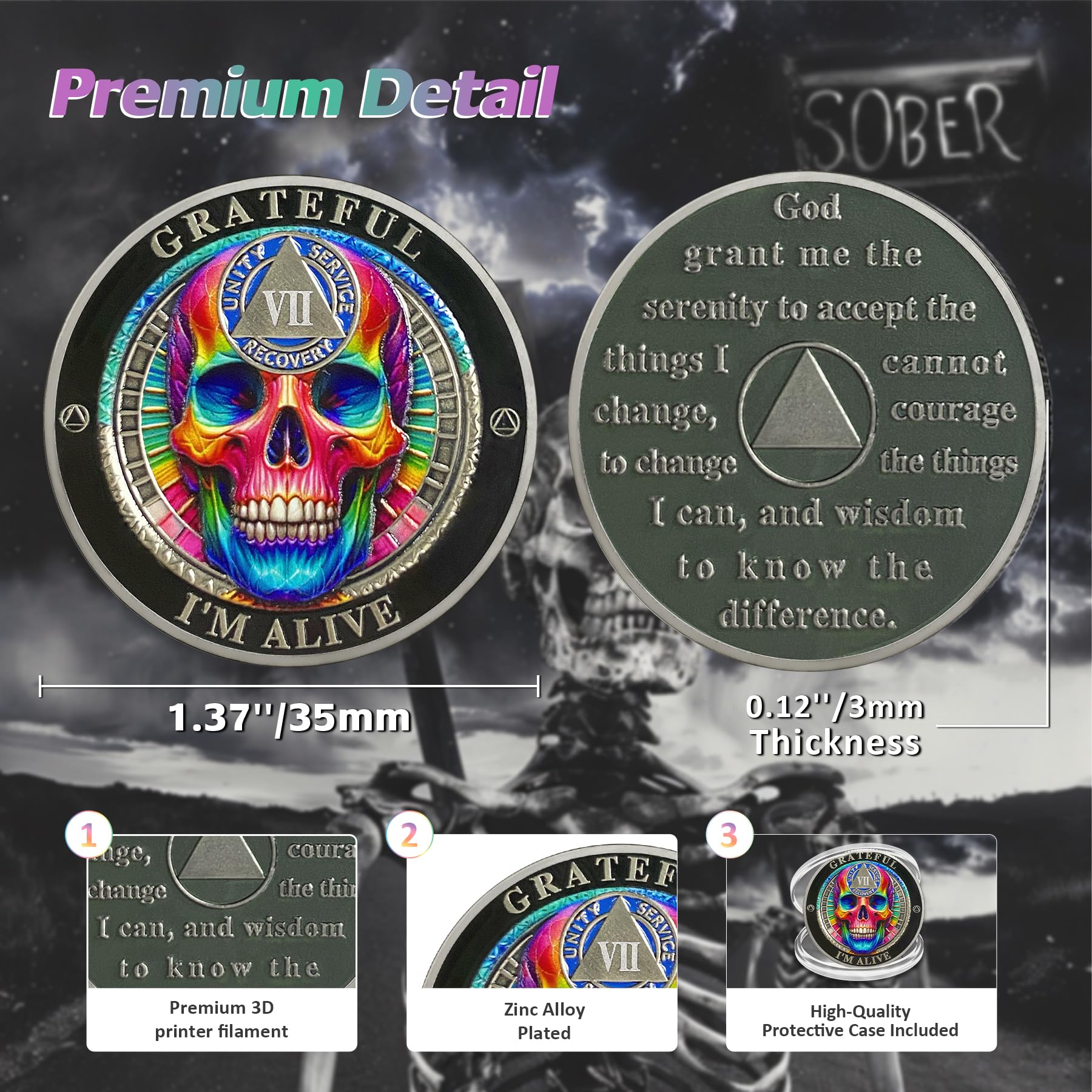 Rainbow Skull 7 Year Sobriety Coin - Grateful I'm Alive AA Recovery Medallion - NA AA Chips for 1-10 Years Clean - Inspirational Addiction Recovery Gift for Men & Women - Perfect for AA Meetings, Milestone Celebrations & Daily Motivation