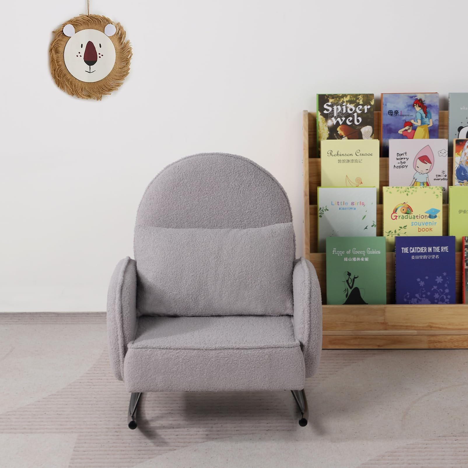 **Baby Rocking Chair with Sherpa Fabric & Metal Base - Toddler Armchair for Boys & Girls - Kids Sofa & Rocking Chair for Nursery, Playroom & Relaxation (Grey)**