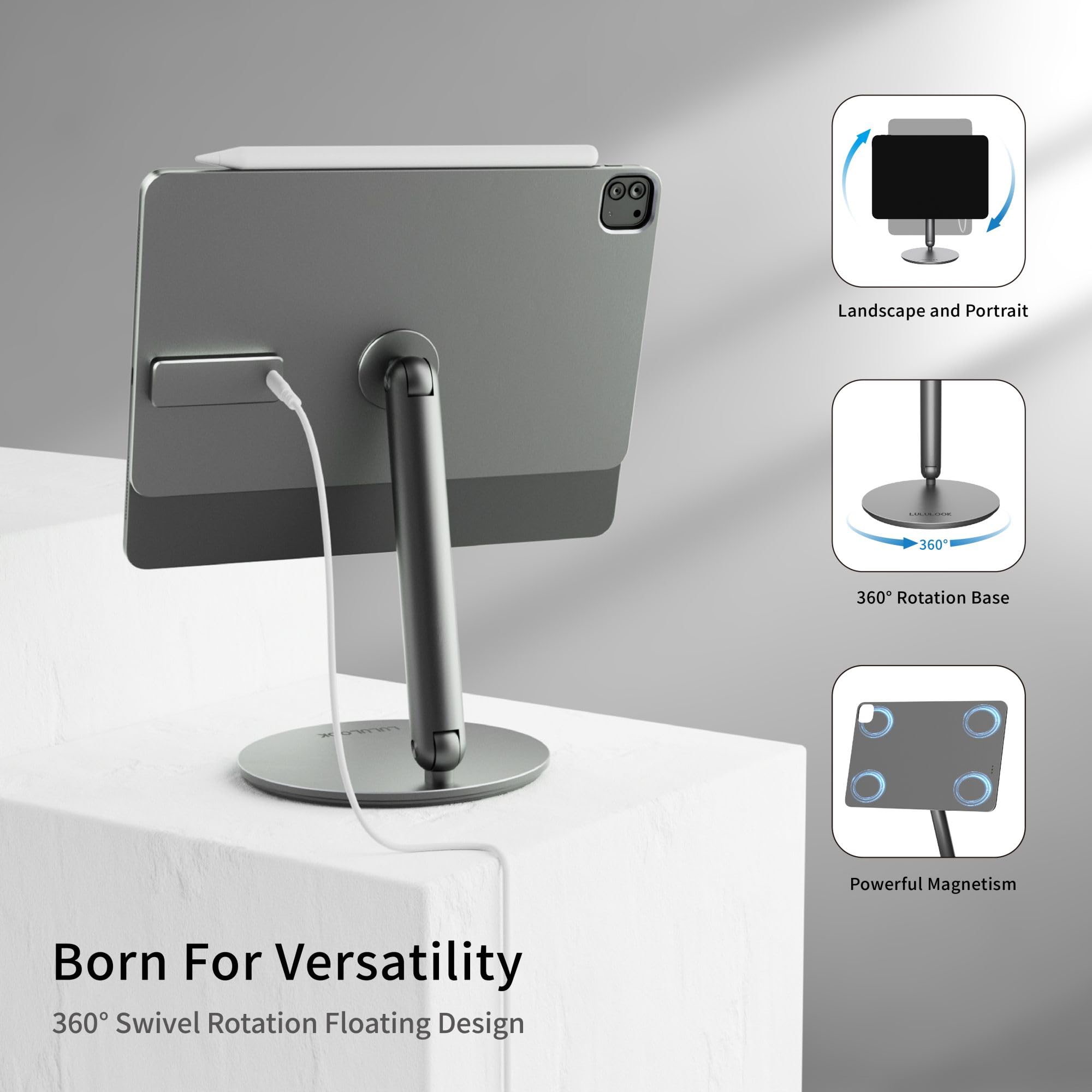 LULULOOK 360° Adjustable Magnetic Wireless Charging Stand for iPad Pro 11-inch M4 (2024) - Aluminum Alloy Foldable Tablet Stand with USB-C Cable - Perfect for Home Office, Bedside & Travel Use