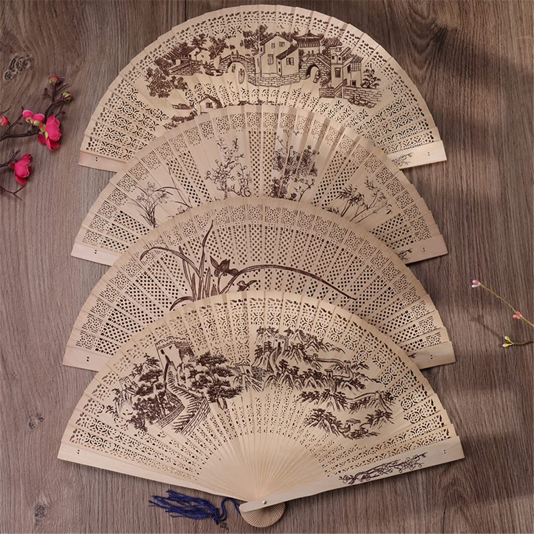 1PC Sandalwood Folding Fan - Handheld Ancient Style Decorative Fan with Hollow Carving for Home Decor, Wedding, Photo Props & Gifts