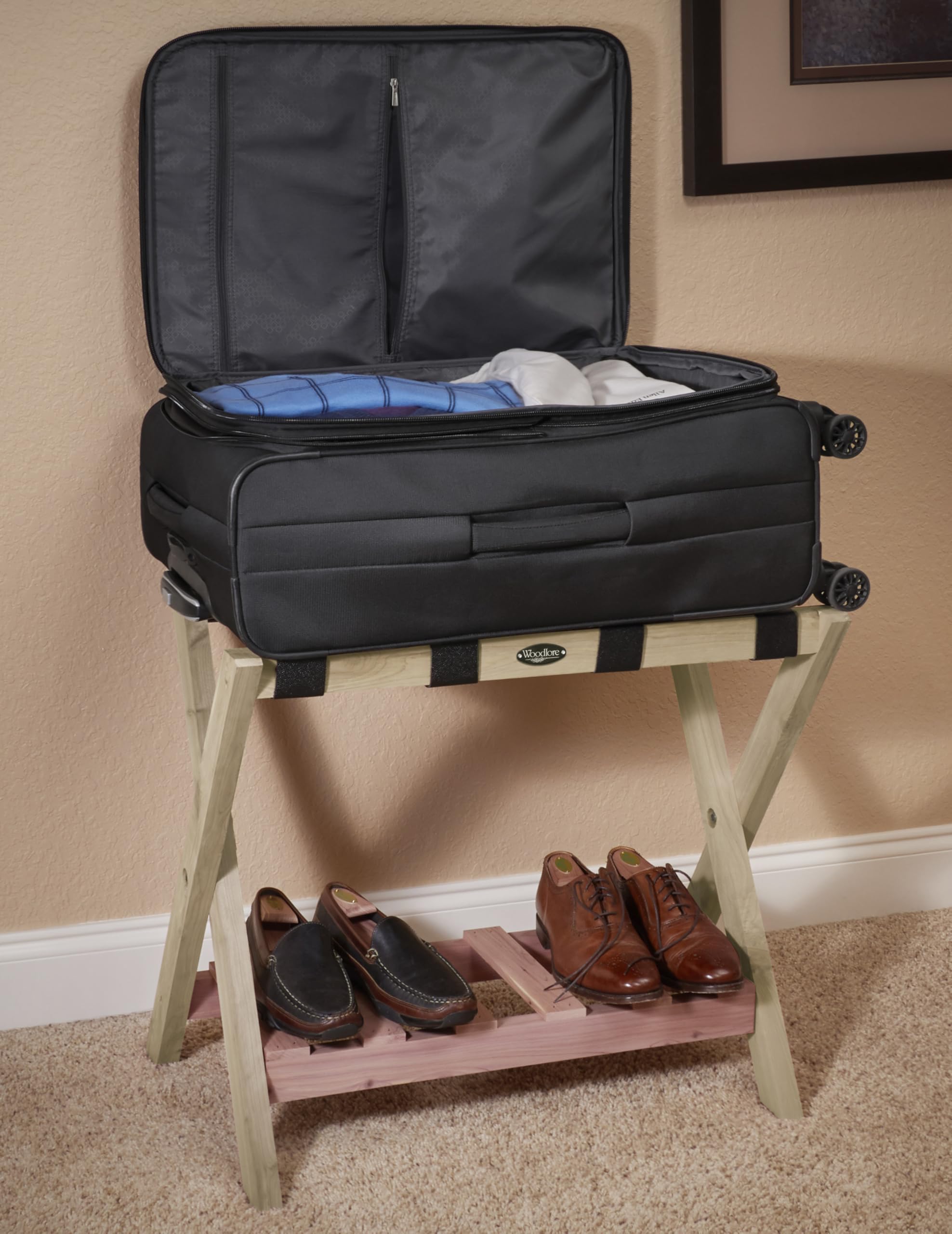 Woodlore Luggage Rack with Shoe Shelf - Sturdy Bedroom Organizer for Guest Rooms & Home Storage - Made in USA - Perfect for Hotels, Dorms and Small Space Organization