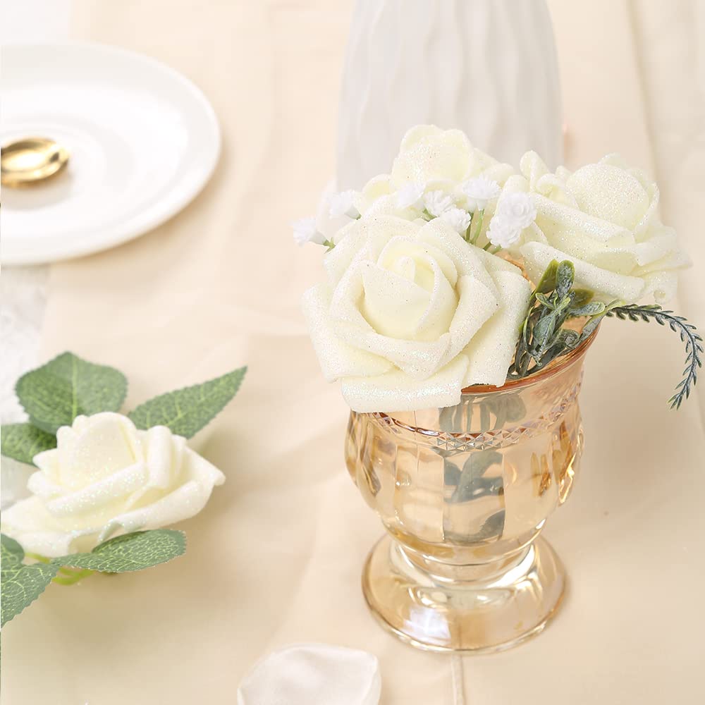 25pcs IPOPU Glitter Foam Roses with Stems - DIY Wedding Bouquet, Bridal Shower, Home Party Decorations (Ivory) - Perfect for Centerpieces, Table Arrangements & Craft Projects