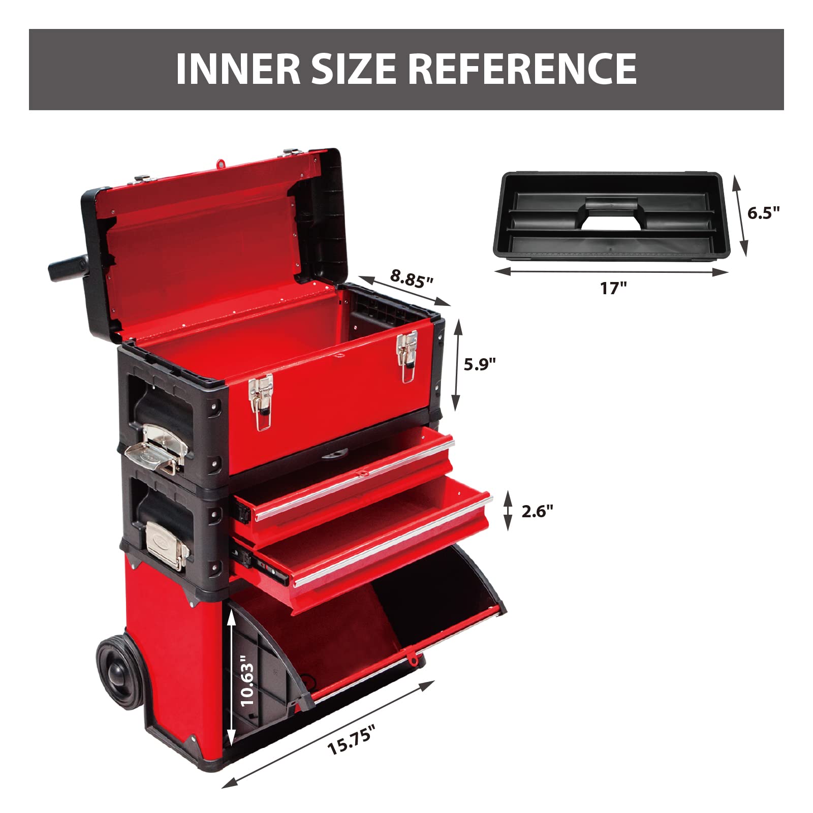 BIG RED Stackable Portable Metal Tool Box Organizer with Wheels & 2 Drawers - Rolling Upright Trolley Tool Chest for Garage, Workshop, or DIY Projects - Heavy Duty Tool Storage Solution - Perfect for Mechanics, Carpenters, and Home Improvement (Red, ATRJF-C305ABDR)