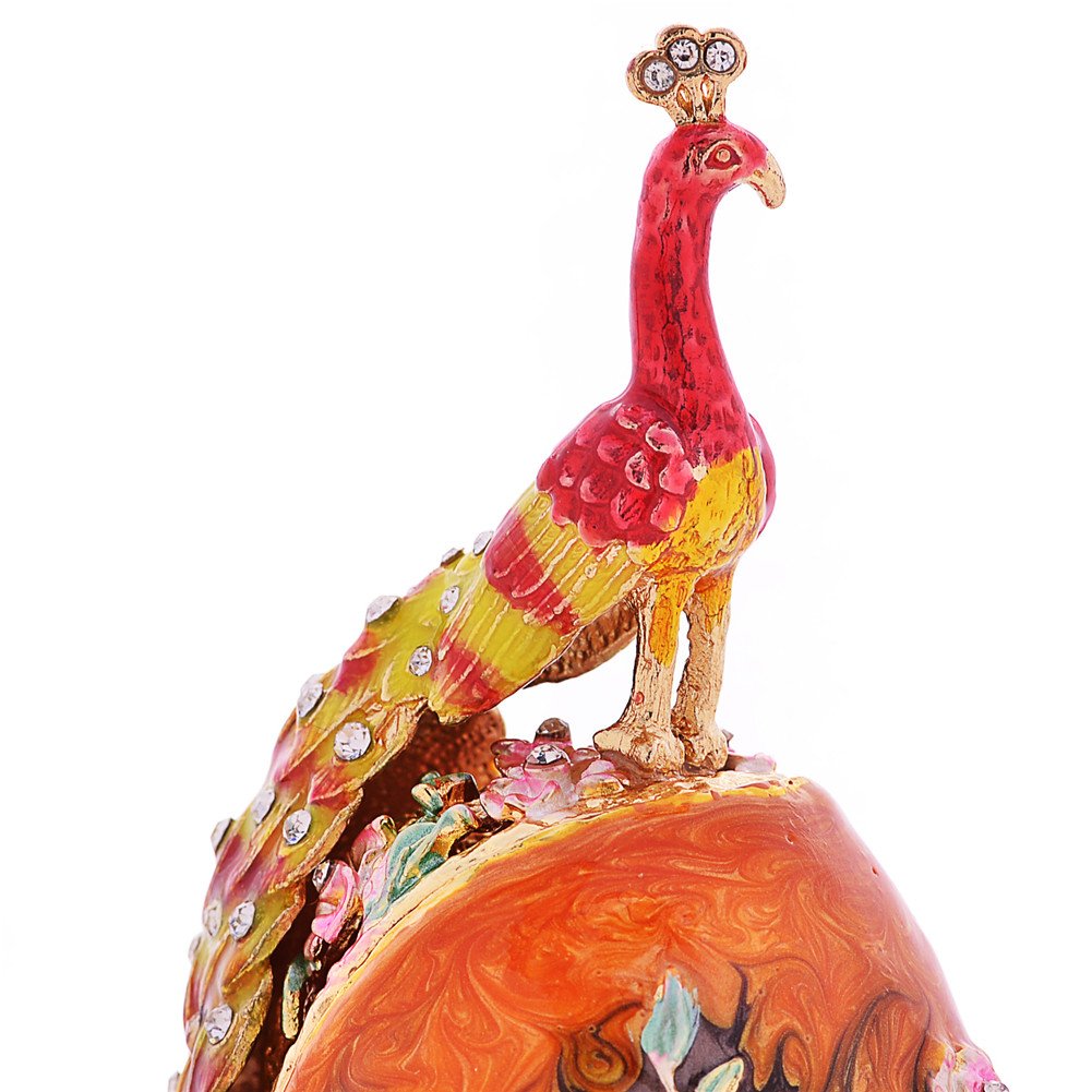 QIFU Hand-Painted Orange Peacock Easter Egg Enamel Jewelry Box - Unique Gift for Women, Mothers, Collectors | Perfect for Easter Decor, Home Display & Jewelry Storage